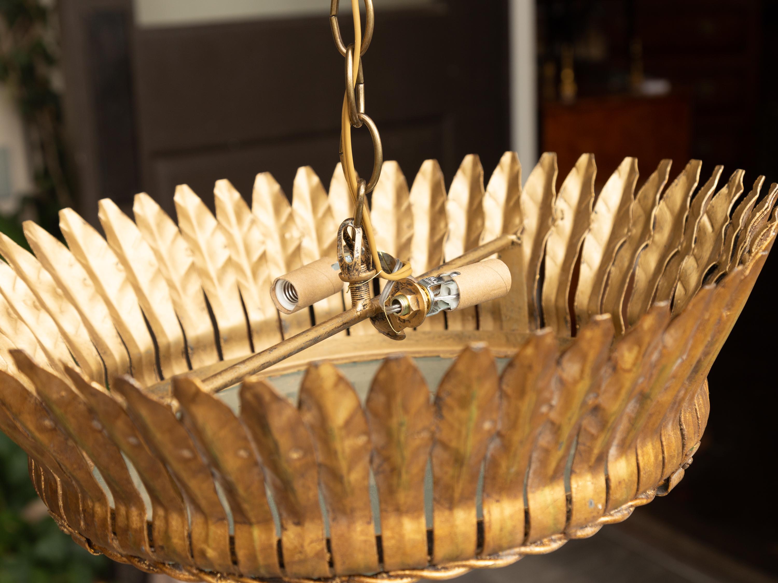 Vintage Spanish Gilt Metal Crown Chandelier with Frosted Glass and Leaf Motifs For Sale 5