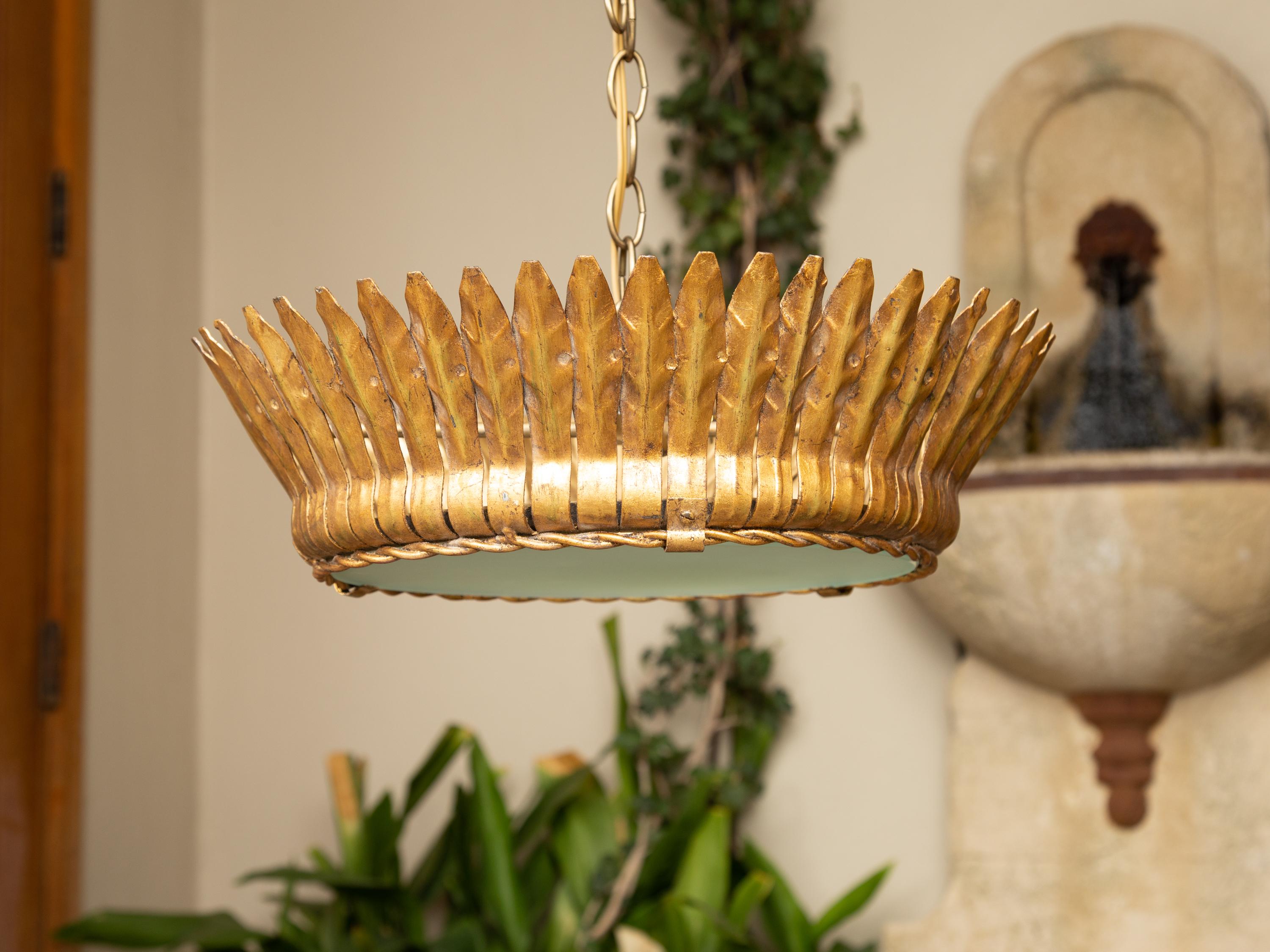 Vintage Spanish Gilt Metal Crown Chandelier with Frosted Glass and Leaf Motifs For Sale 7