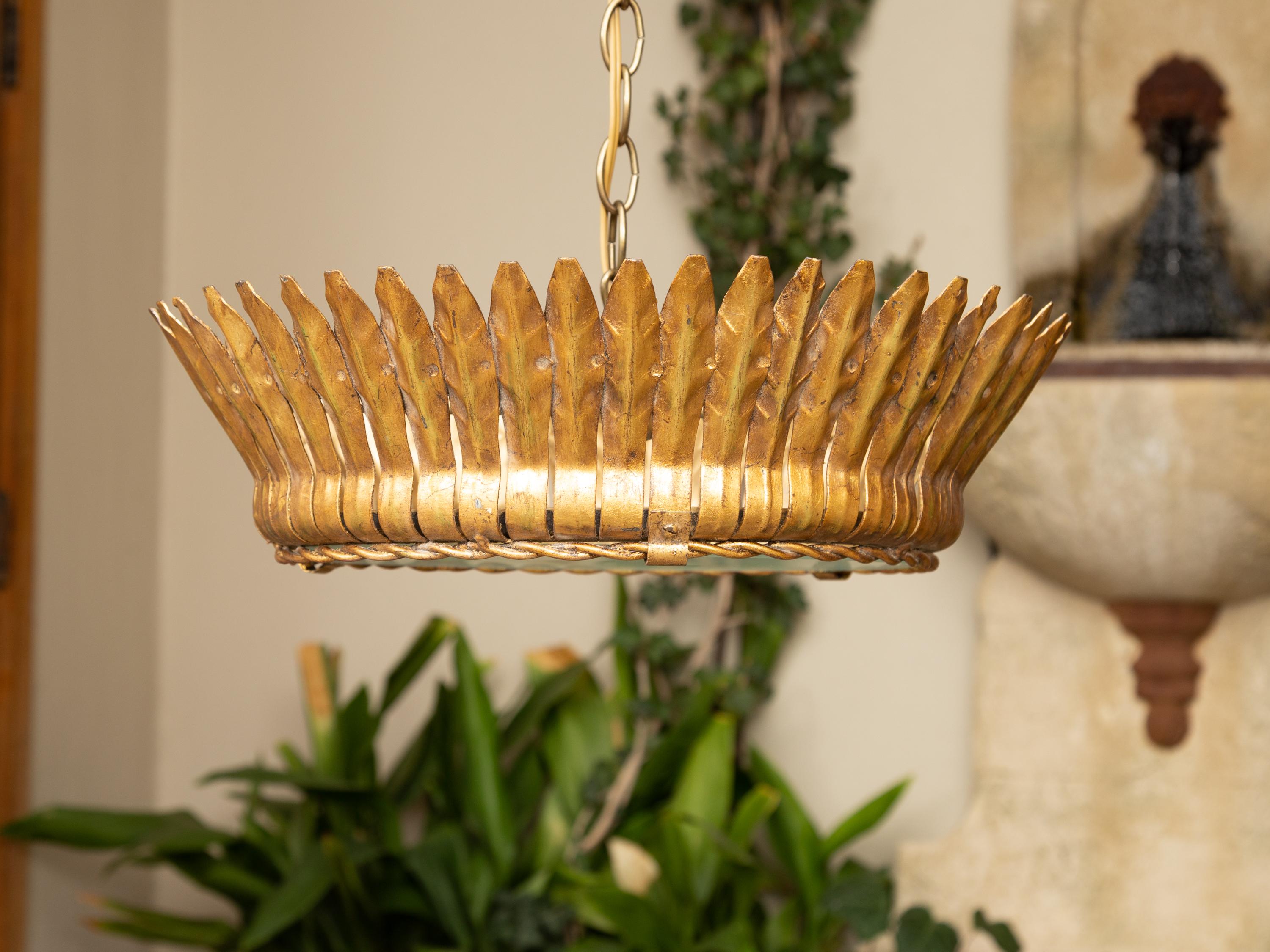 Vintage Spanish Gilt Metal Crown Chandelier with Frosted Glass and Leaf Motifs For Sale 8