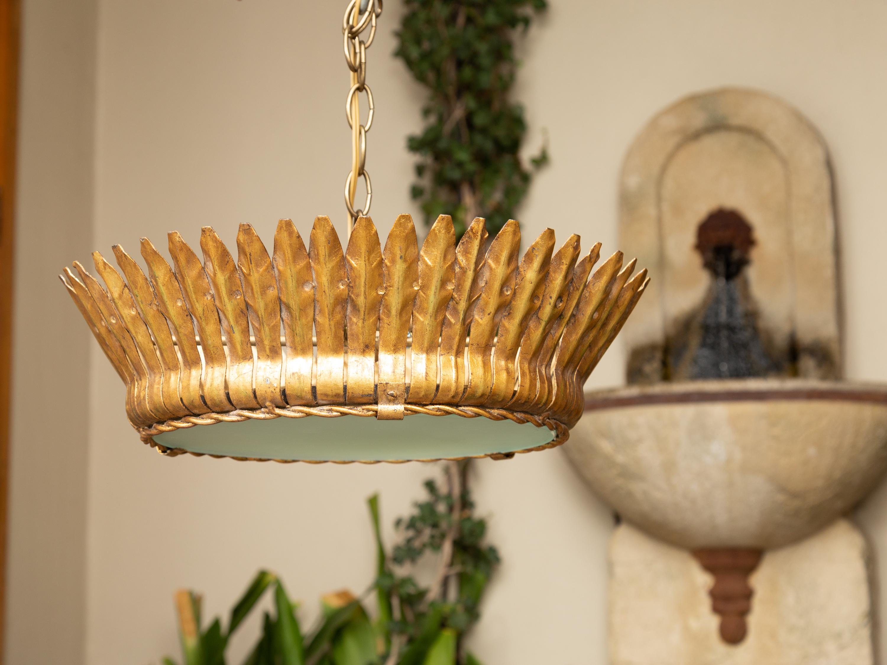 Vintage Spanish Gilt Metal Crown Chandelier with Frosted Glass and Leaf Motifs For Sale 9