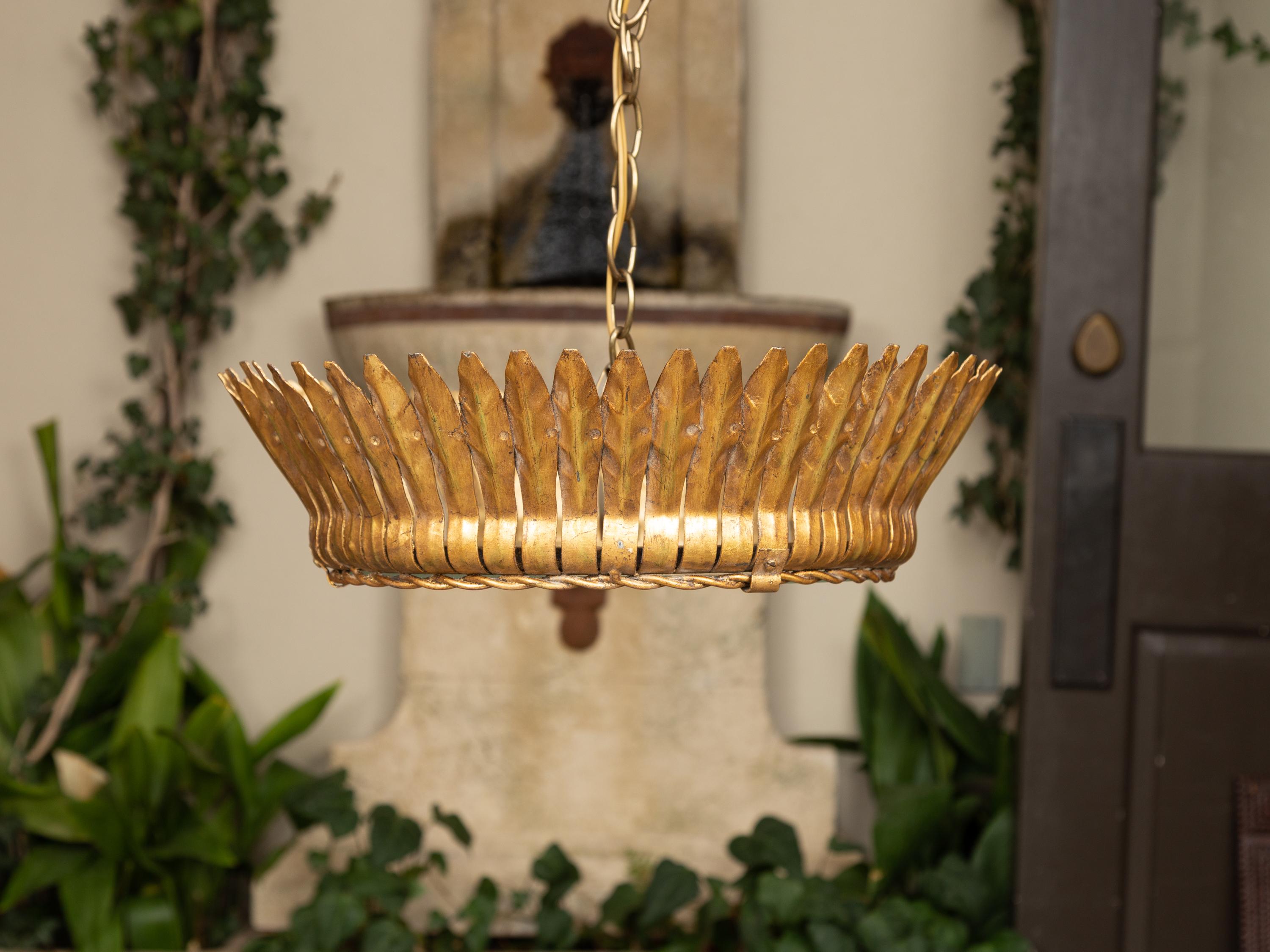 Mid-Century Modern Vintage Spanish Gilt Metal Crown Chandelier with Frosted Glass and Leaf Motifs For Sale