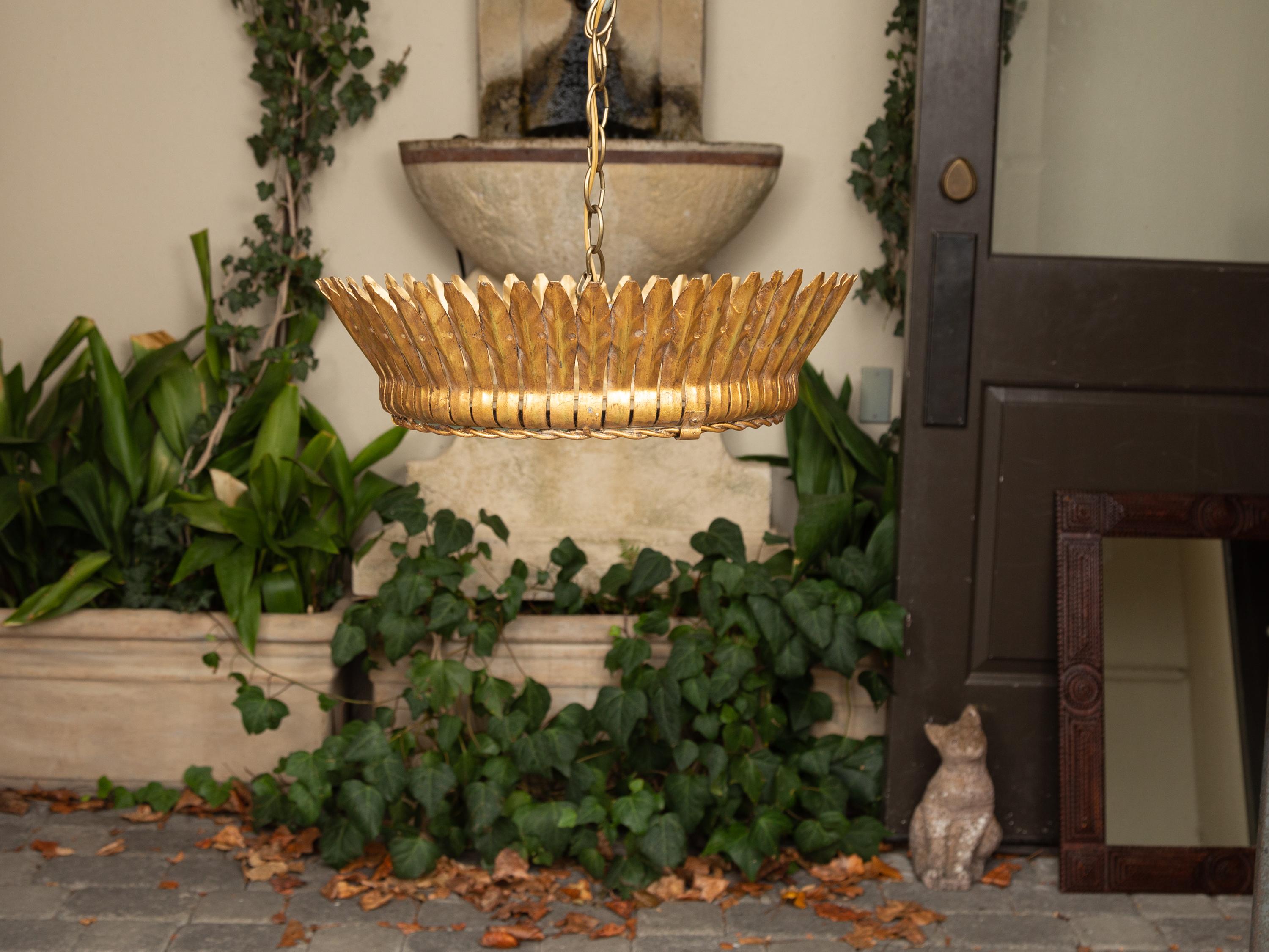 Vintage Spanish Gilt Metal Crown Chandelier with Frosted Glass and Leaf Motifs In Good Condition For Sale In Atlanta, GA