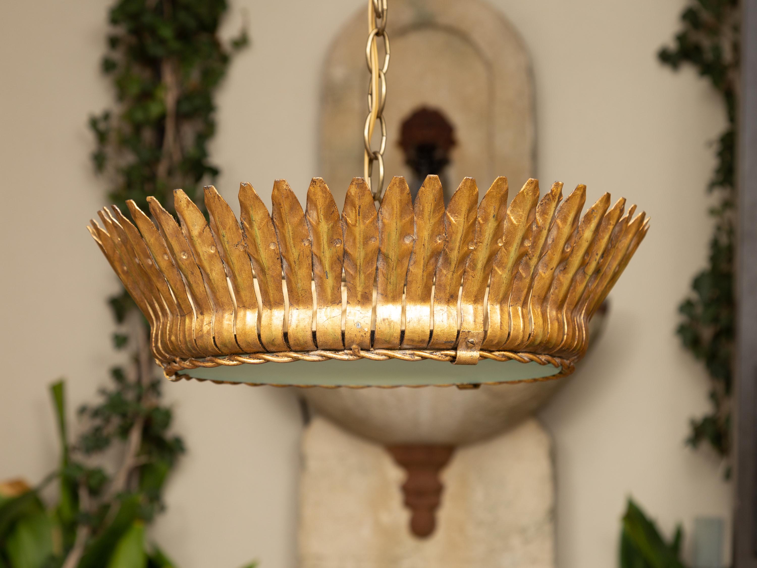 20th Century Vintage Spanish Gilt Metal Crown Chandelier with Frosted Glass and Leaf Motifs For Sale