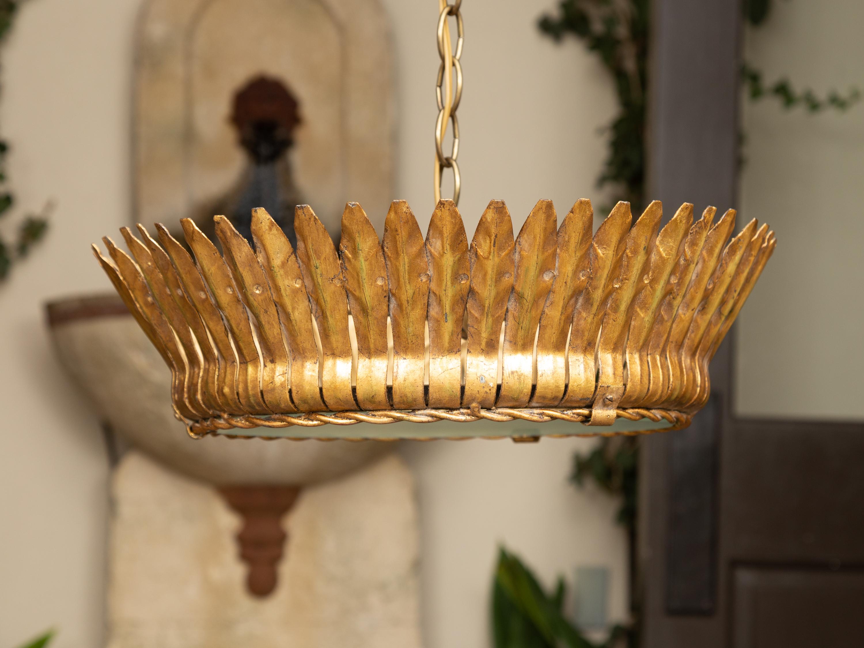 Vintage Spanish Gilt Metal Crown Chandelier with Frosted Glass and Leaf Motifs For Sale 1