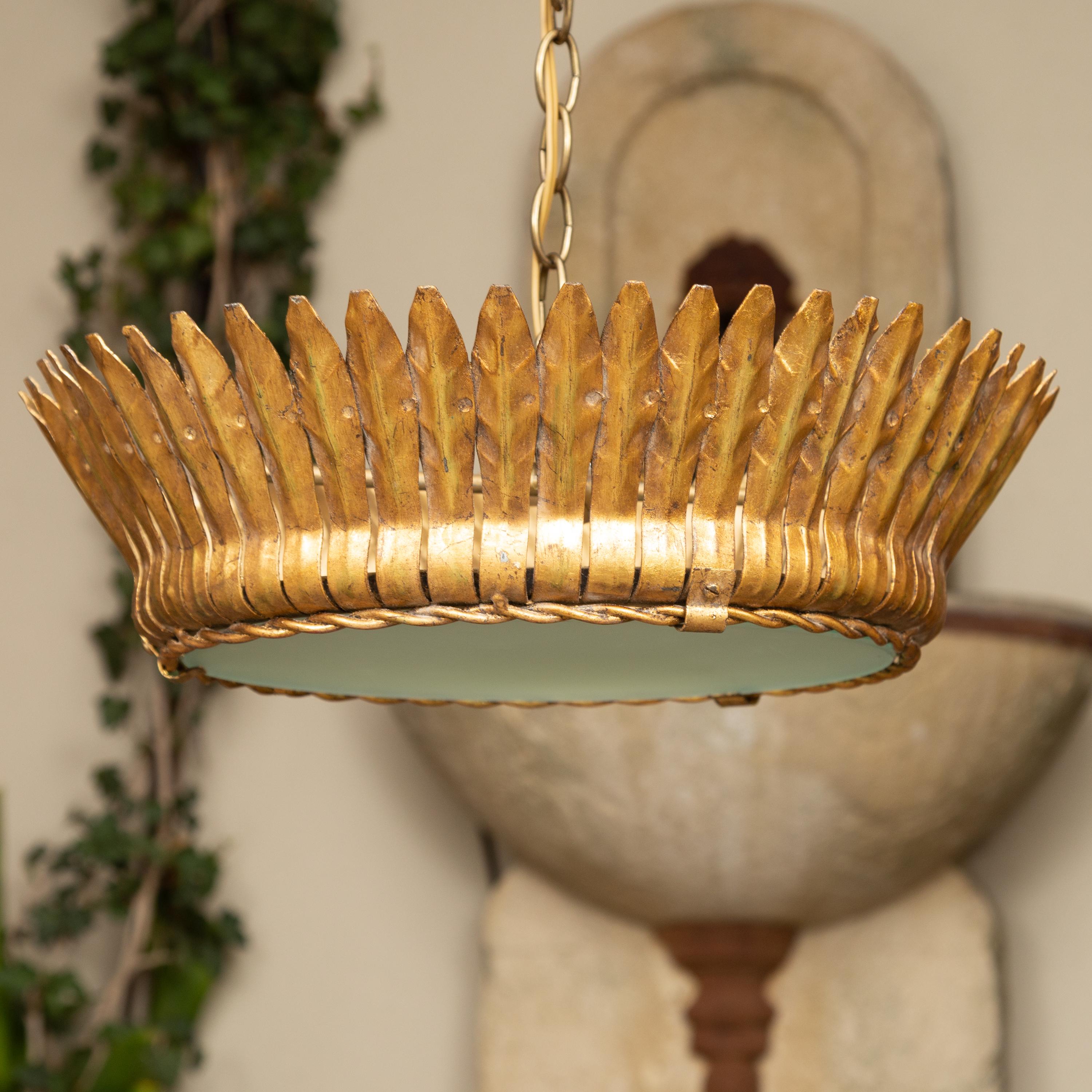 Vintage Spanish Gilt Metal Crown Chandelier with Frosted Glass and Leaf Motifs For Sale 1