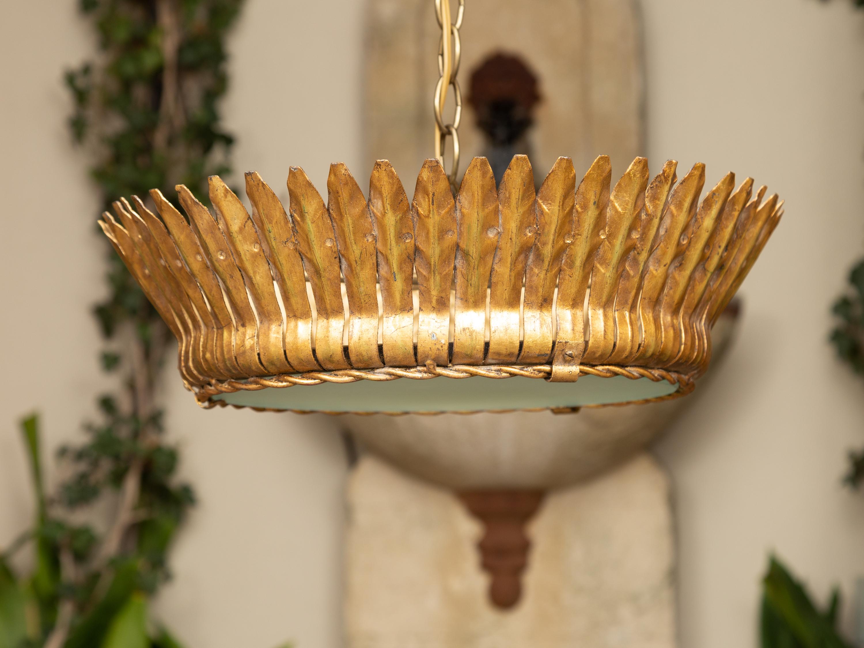 Vintage Spanish Gilt Metal Crown Chandelier with Frosted Glass and Leaf Motifs For Sale 3