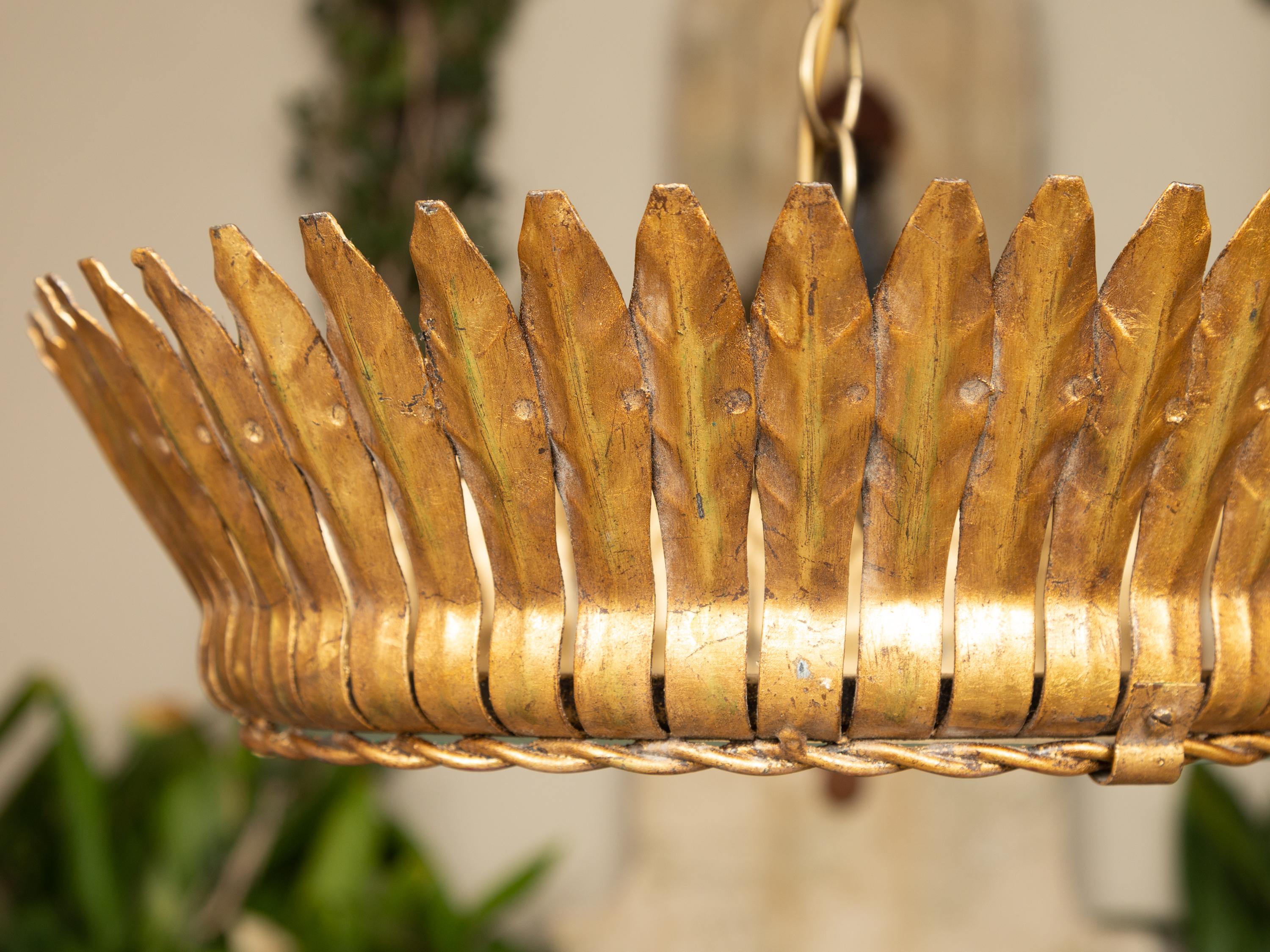 Vintage Spanish Gilt Metal Crown Chandelier with Frosted Glass and Leaf Motifs For Sale 4