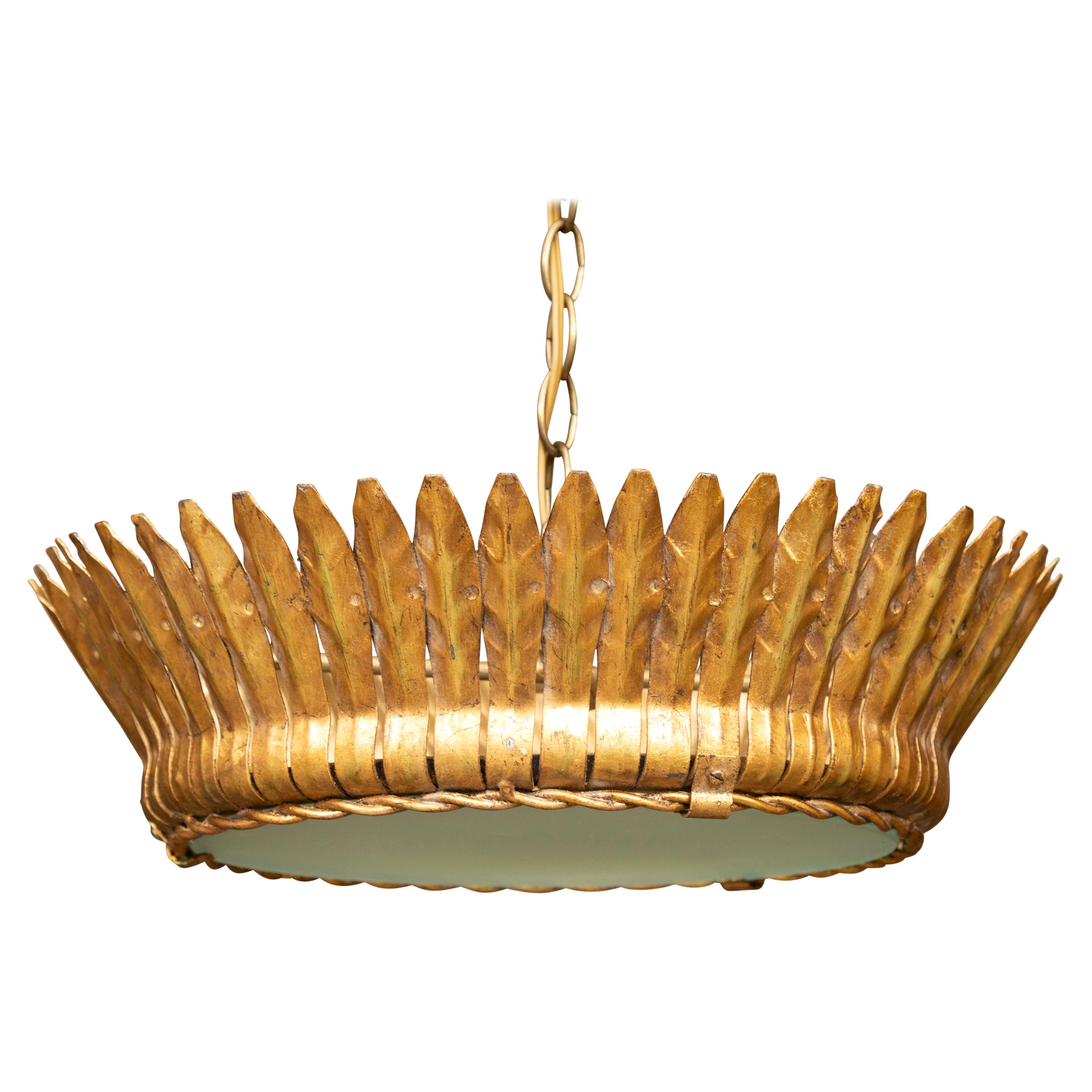 Vintage Spanish Gilt Metal Crown Chandelier with Frosted Glass and Leaf Motifs For Sale