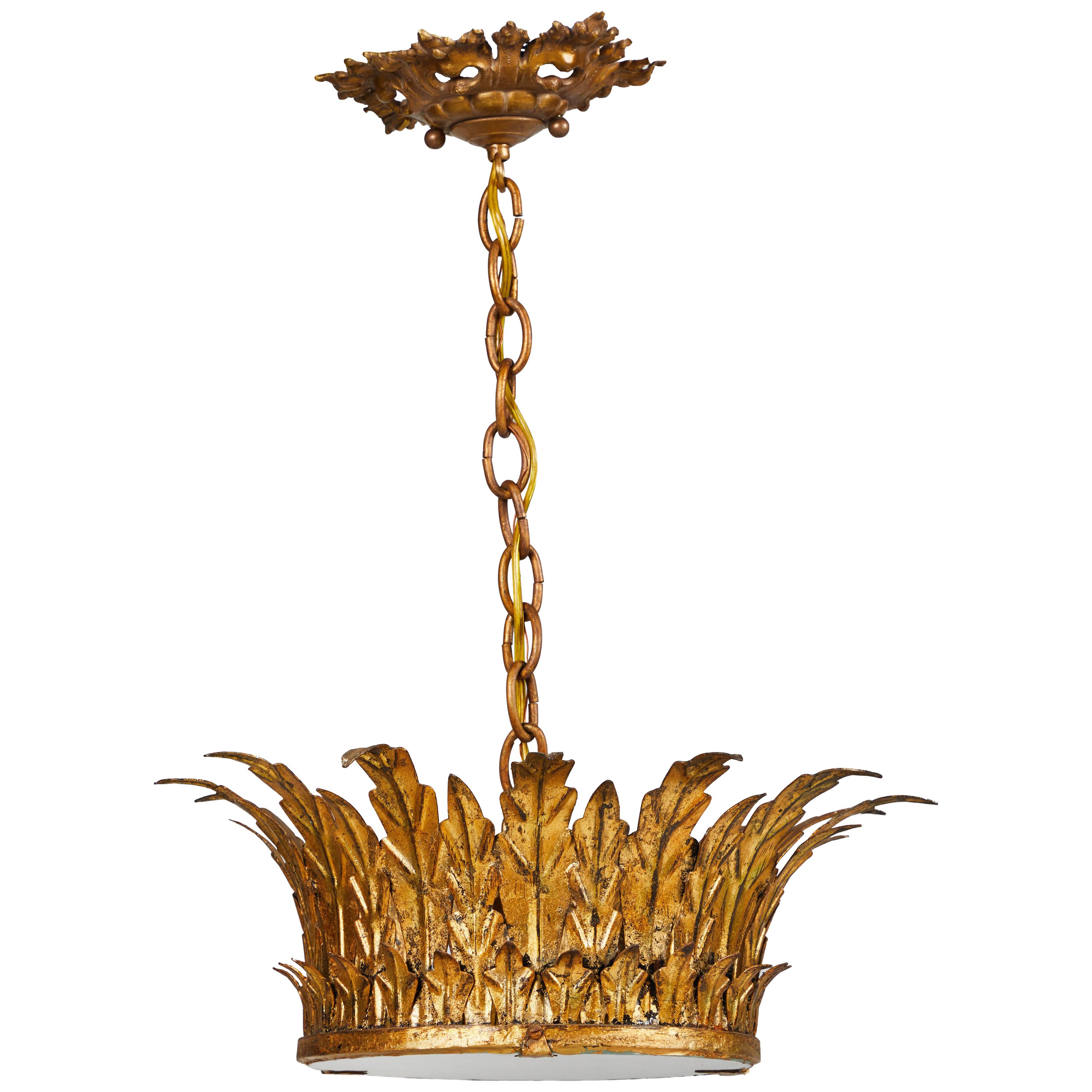 Vintage Spanish Gilt Metal Crown Light Fixture For Sale
