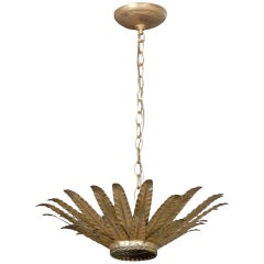 Vintage Spanish Gilt Metal Light Fixture with Layered Leaves and Mirrored Glass