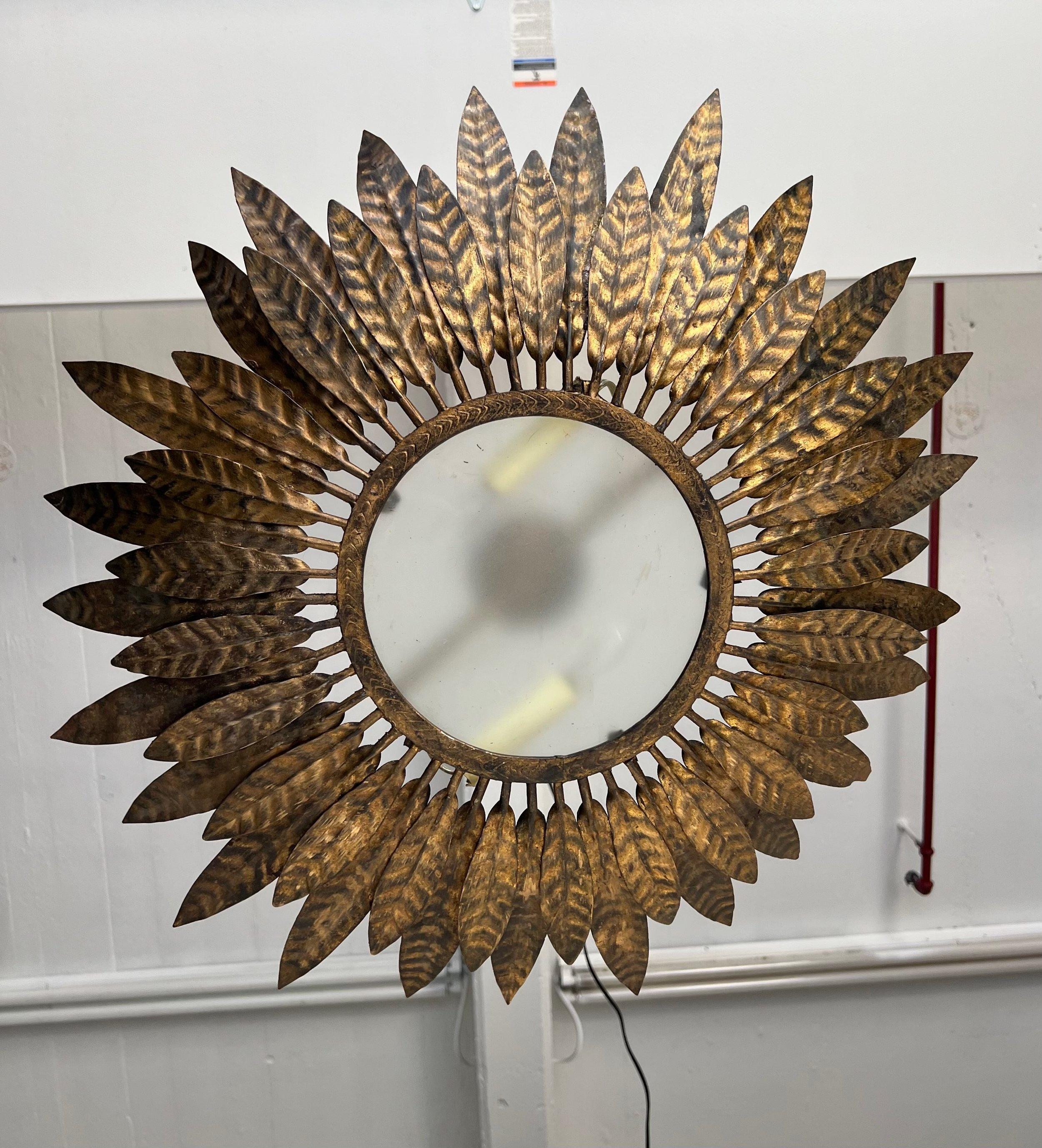 Vintage Spanish Gilt Metal Sunburst Ceiling Fixture 5