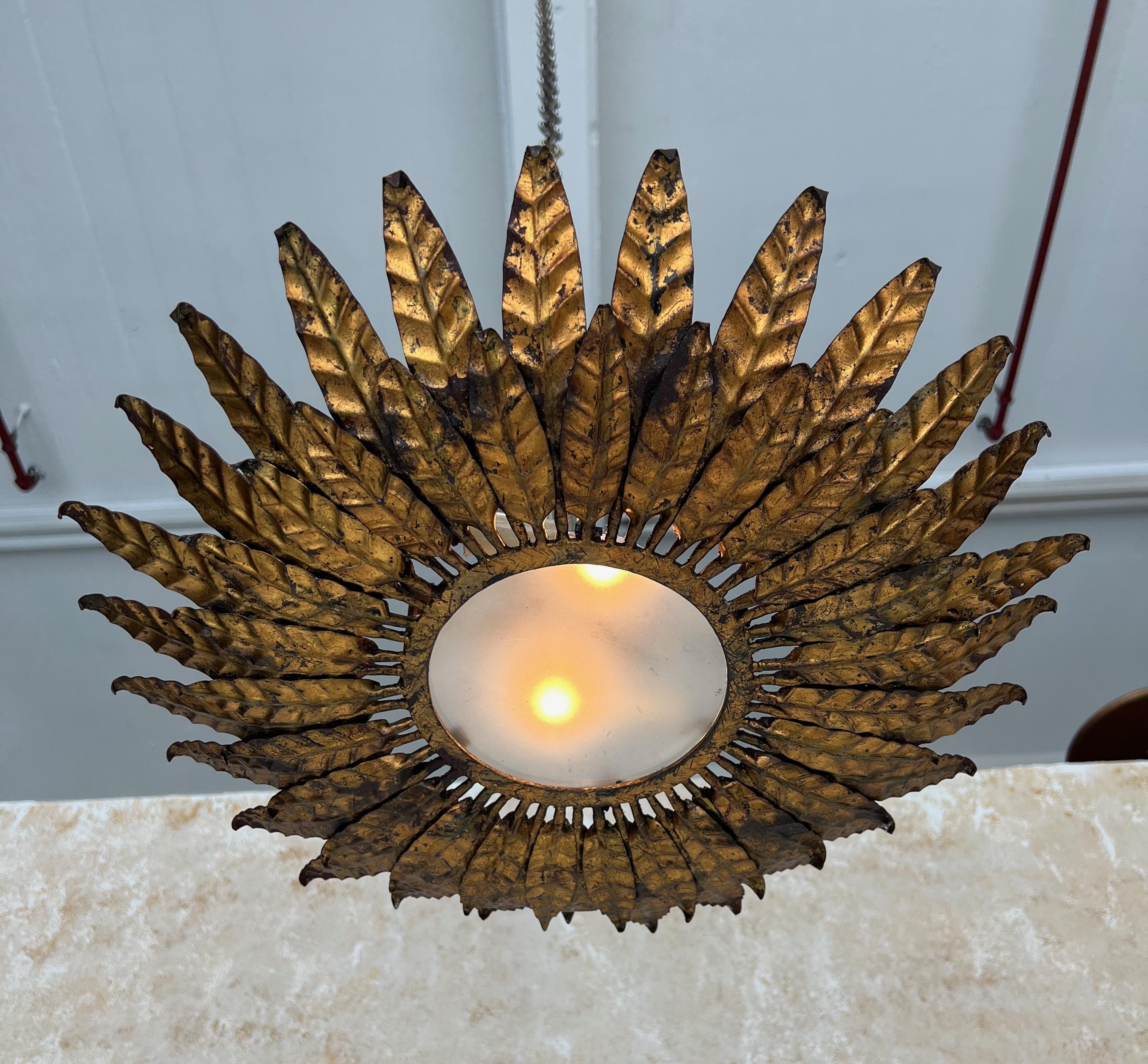 Ce spectaculaire plafonnier espagnol des années 1950 en métal doré présente une double couche de petites et grandes feuilles alternées et partiellement superposées, entourant un cadre circulaire avec un centre en verre dépoli. La finition en or