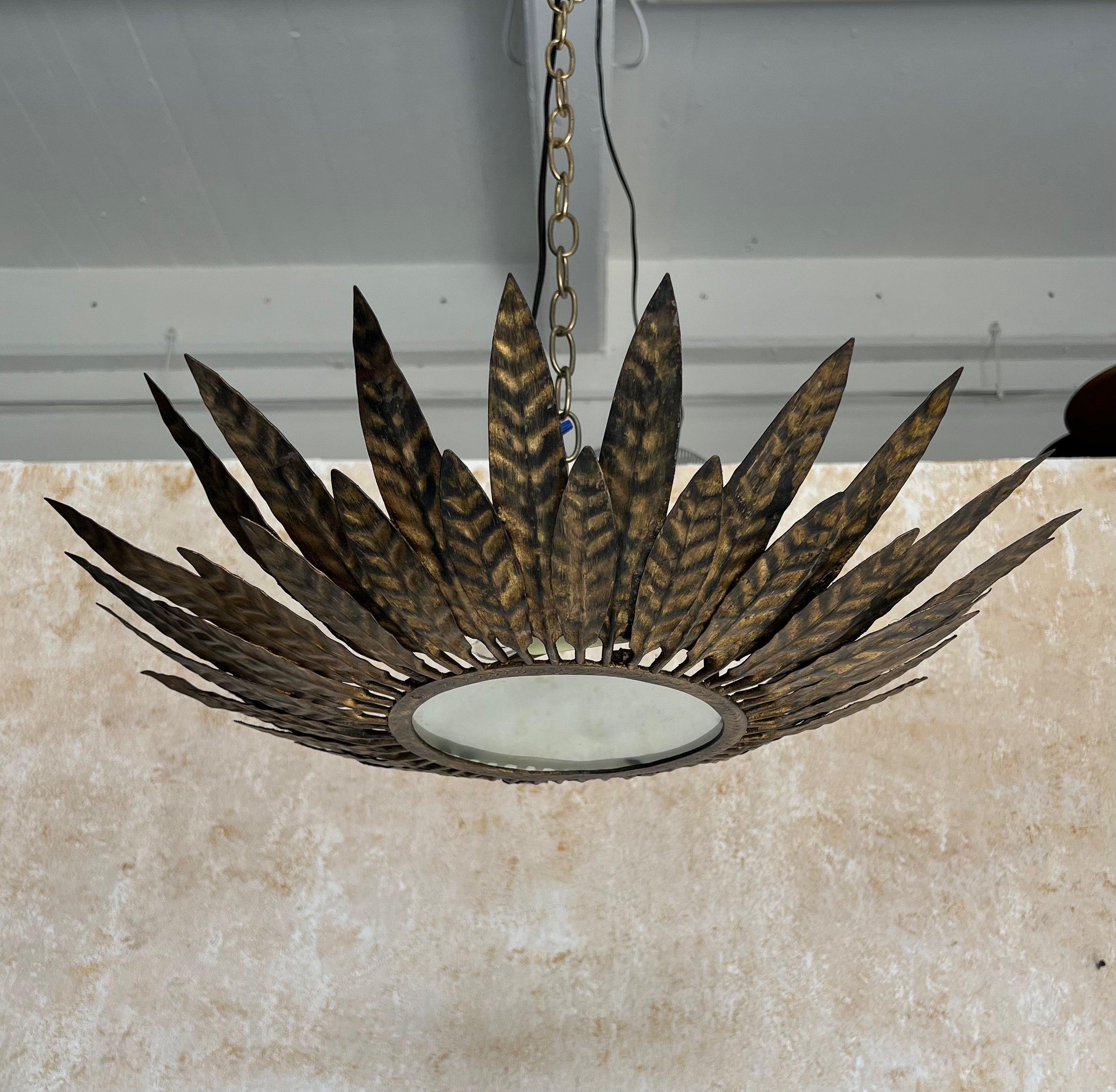Art Nouveau Vintage Spanish Gilt Metal Sunburst Ceiling Fixture