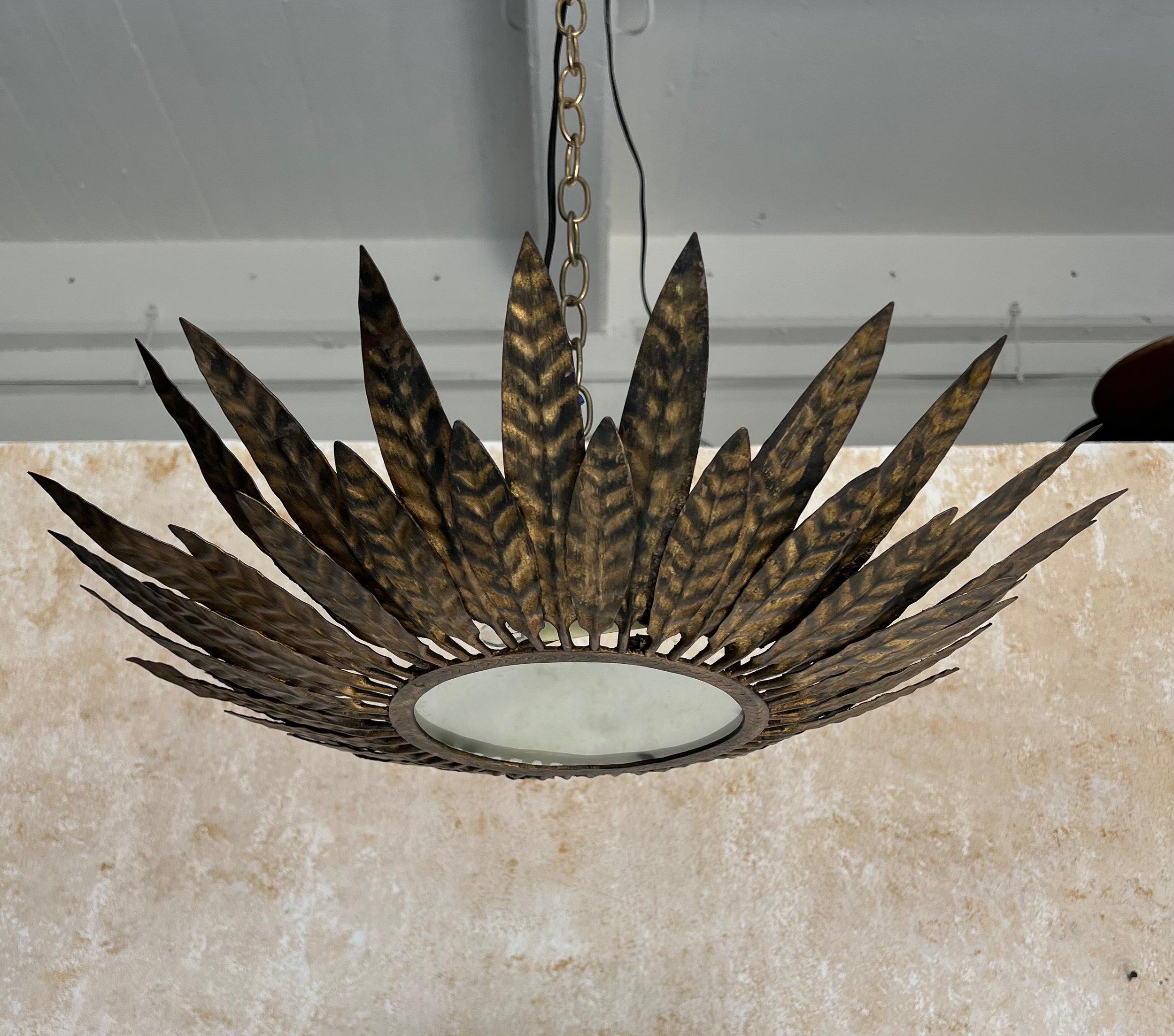 Vintage Spanish Gilt Metal Sunburst Ceiling Fixture In Good Condition In Buchanan, NY