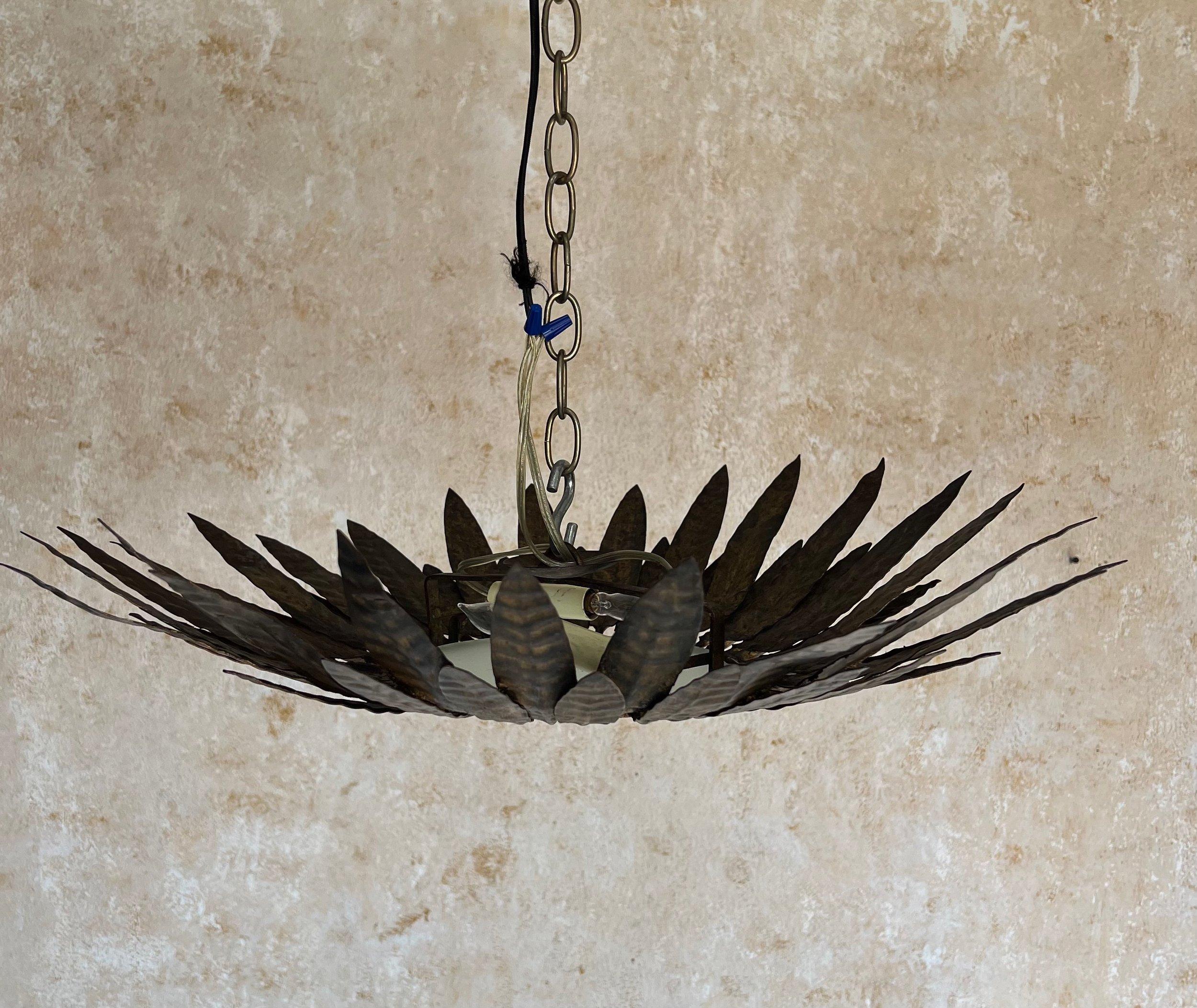 Vintage Spanish Gilt Metal Sunburst Ceiling Fixture 1