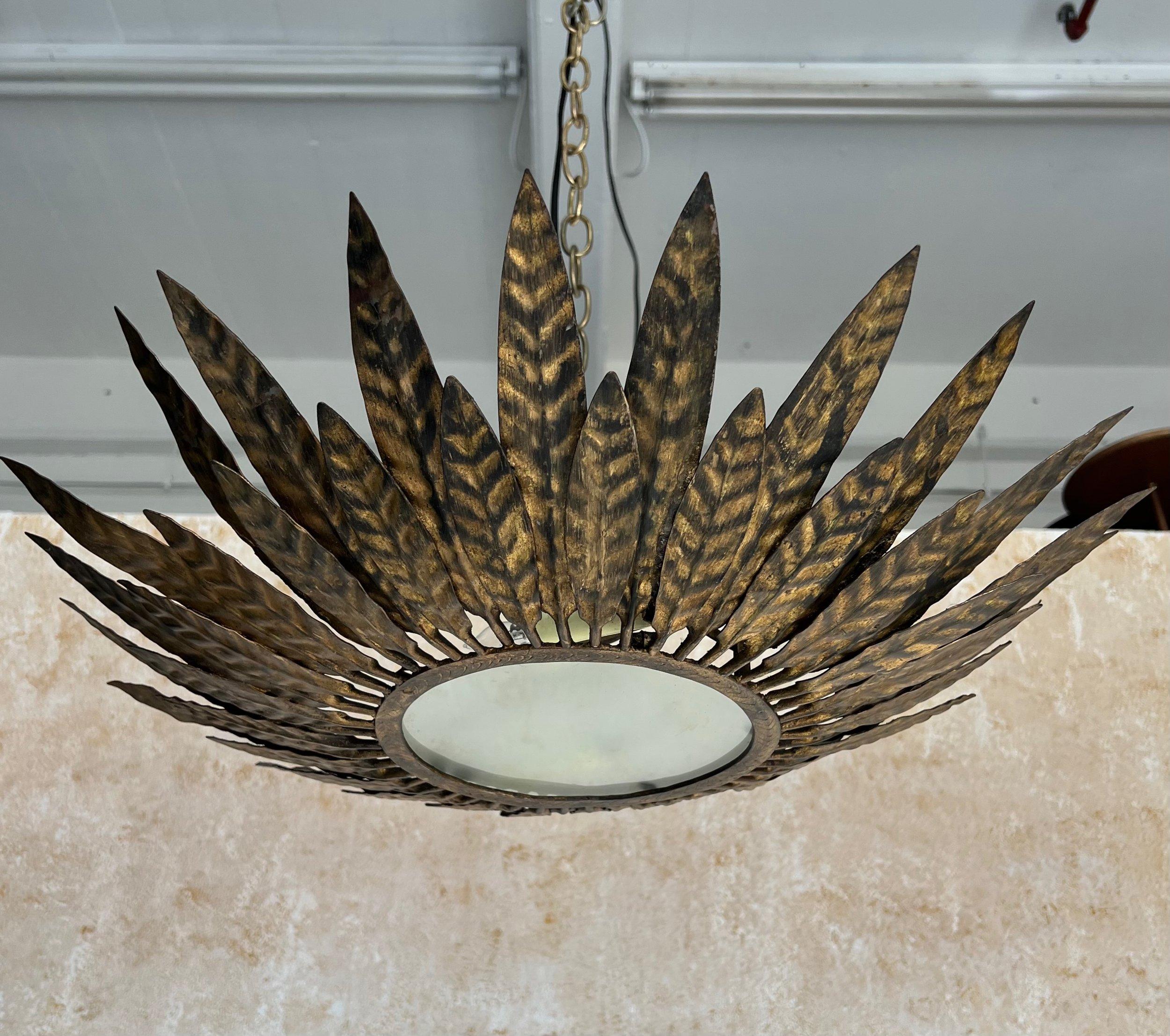 Vintage Spanish Gilt Metal Sunburst Ceiling Fixture 2