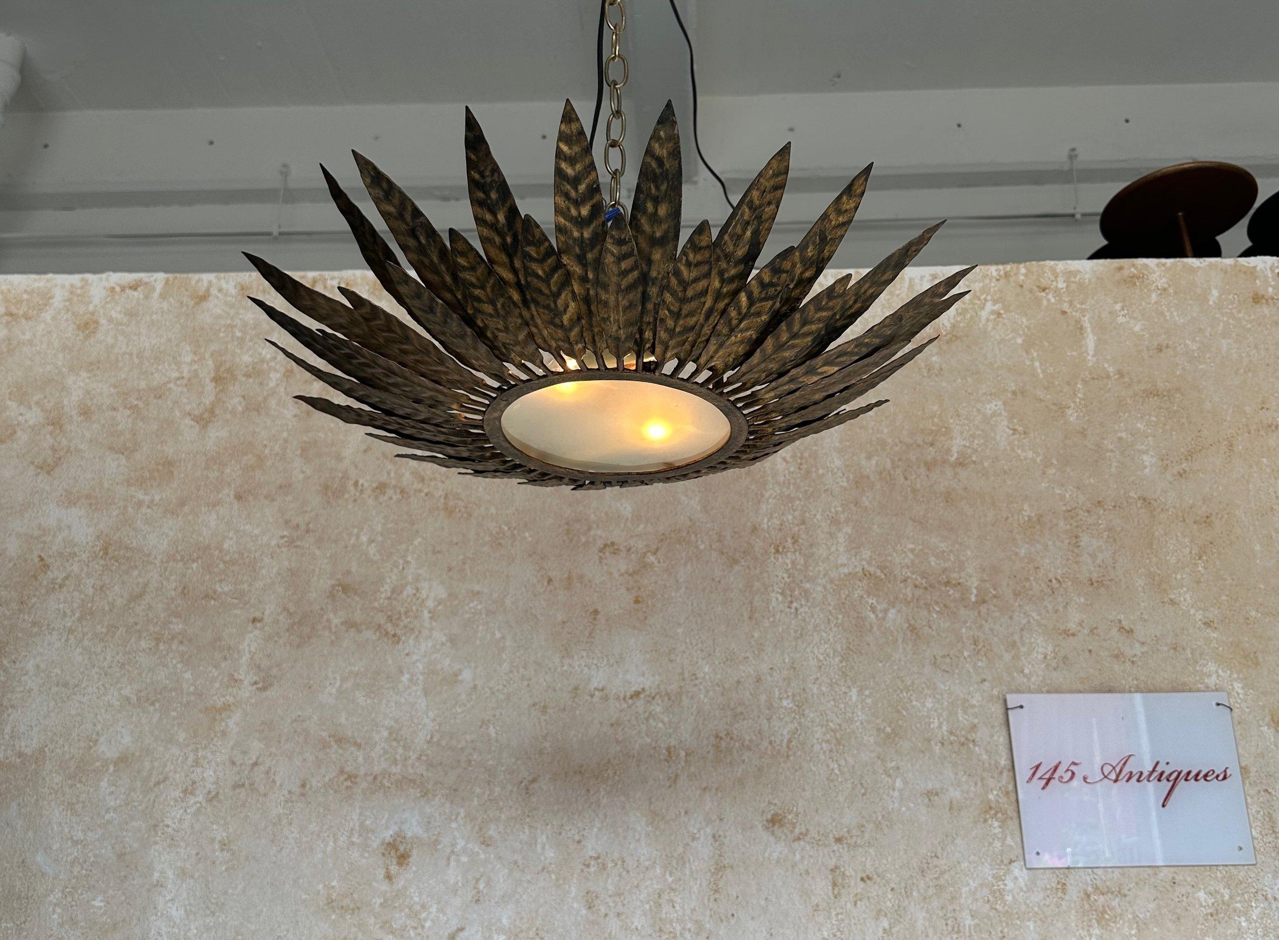 Vintage Spanish Gilt Metal Sunburst Ceiling Fixture 3