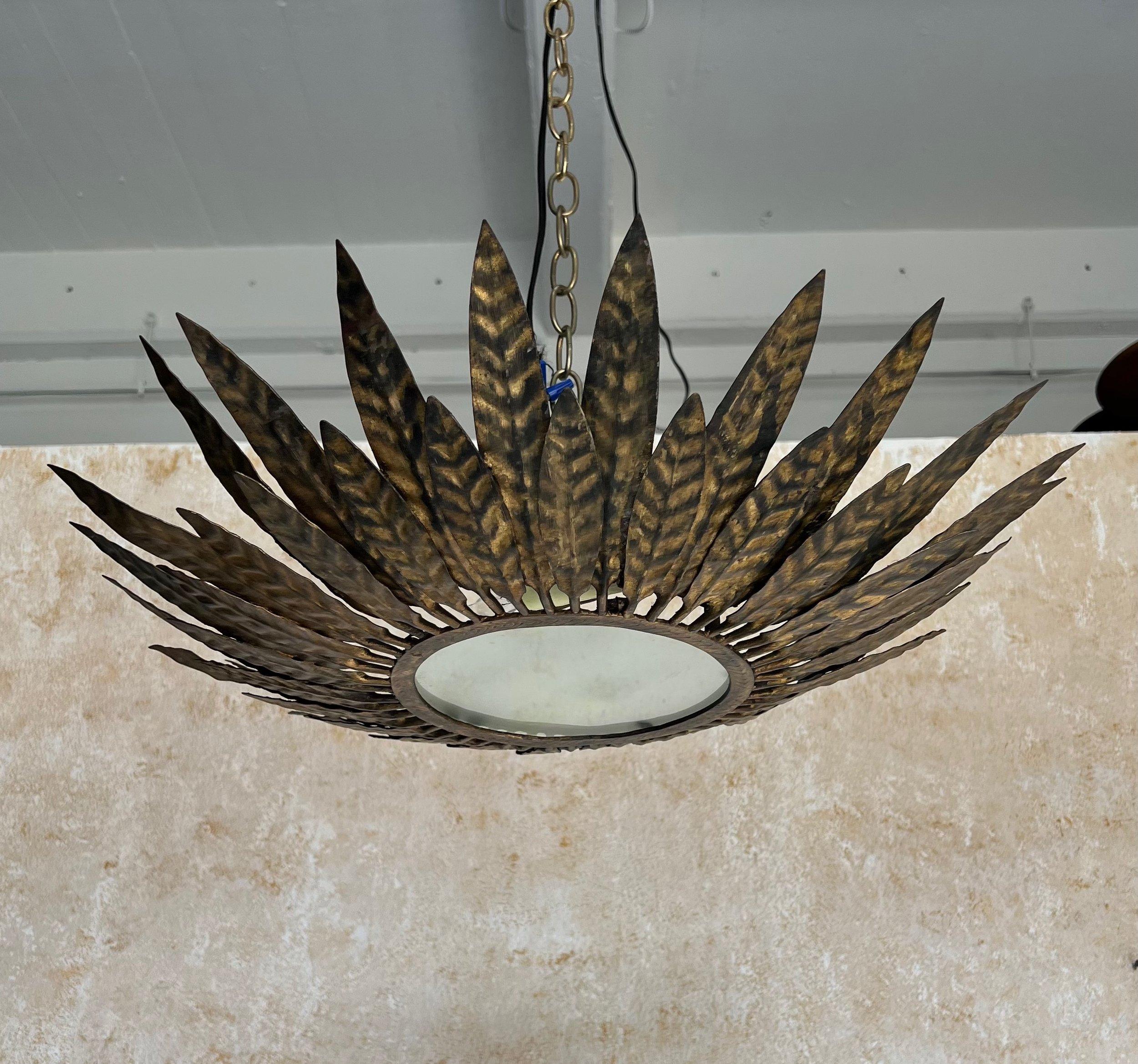 Vintage Spanish Gilt Metal Sunburst Ceiling Fixture 4