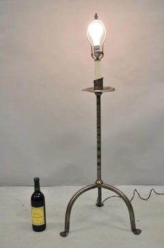 Vintage Spanish Gothic Hand Wrought Iron Candlestick Short Italian Floor Lamp