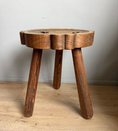 Vintage Spanish Gothic Revival Pine Three-Legged Stool, c. 1930s-1950s