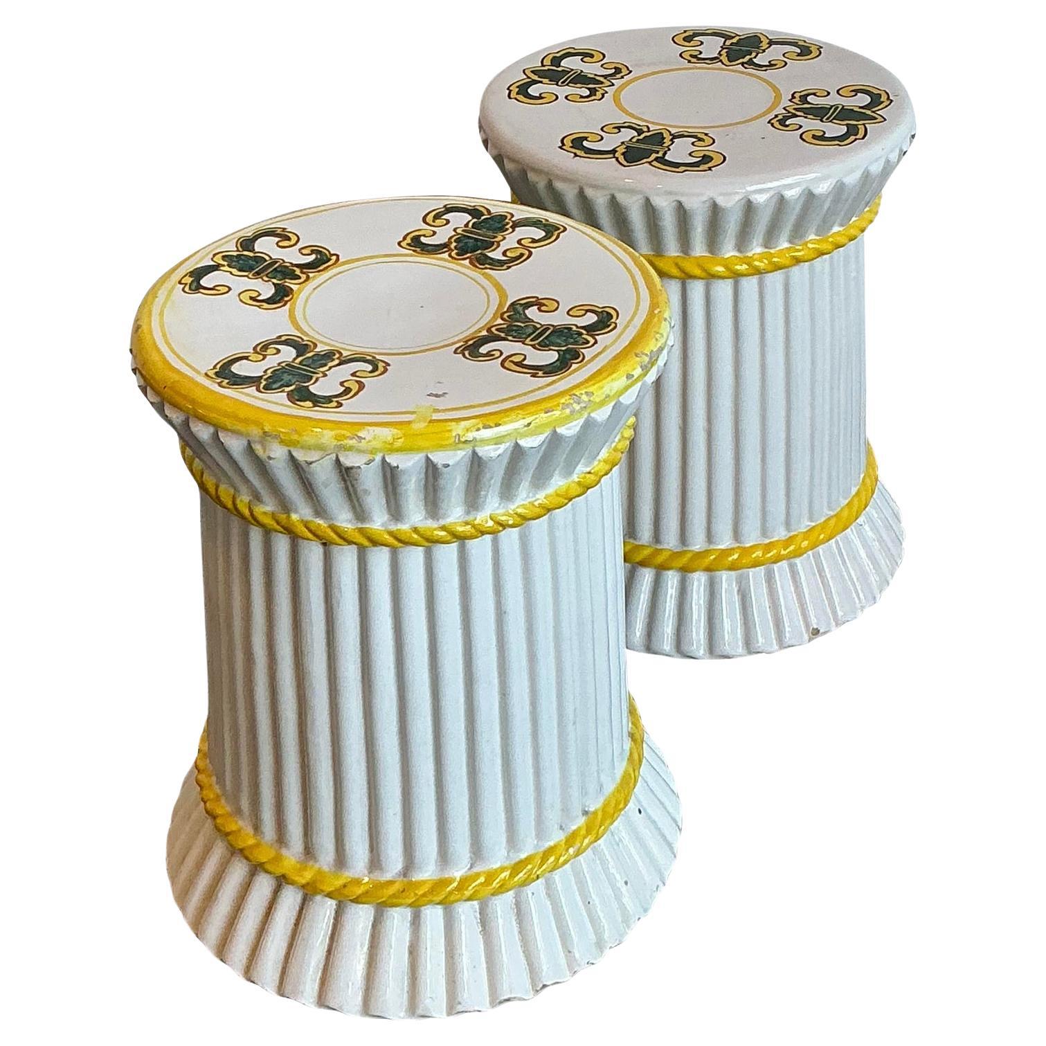 Vintage Spanish Hand Painted Ceramic Low Stools - Set of 2 For Sale