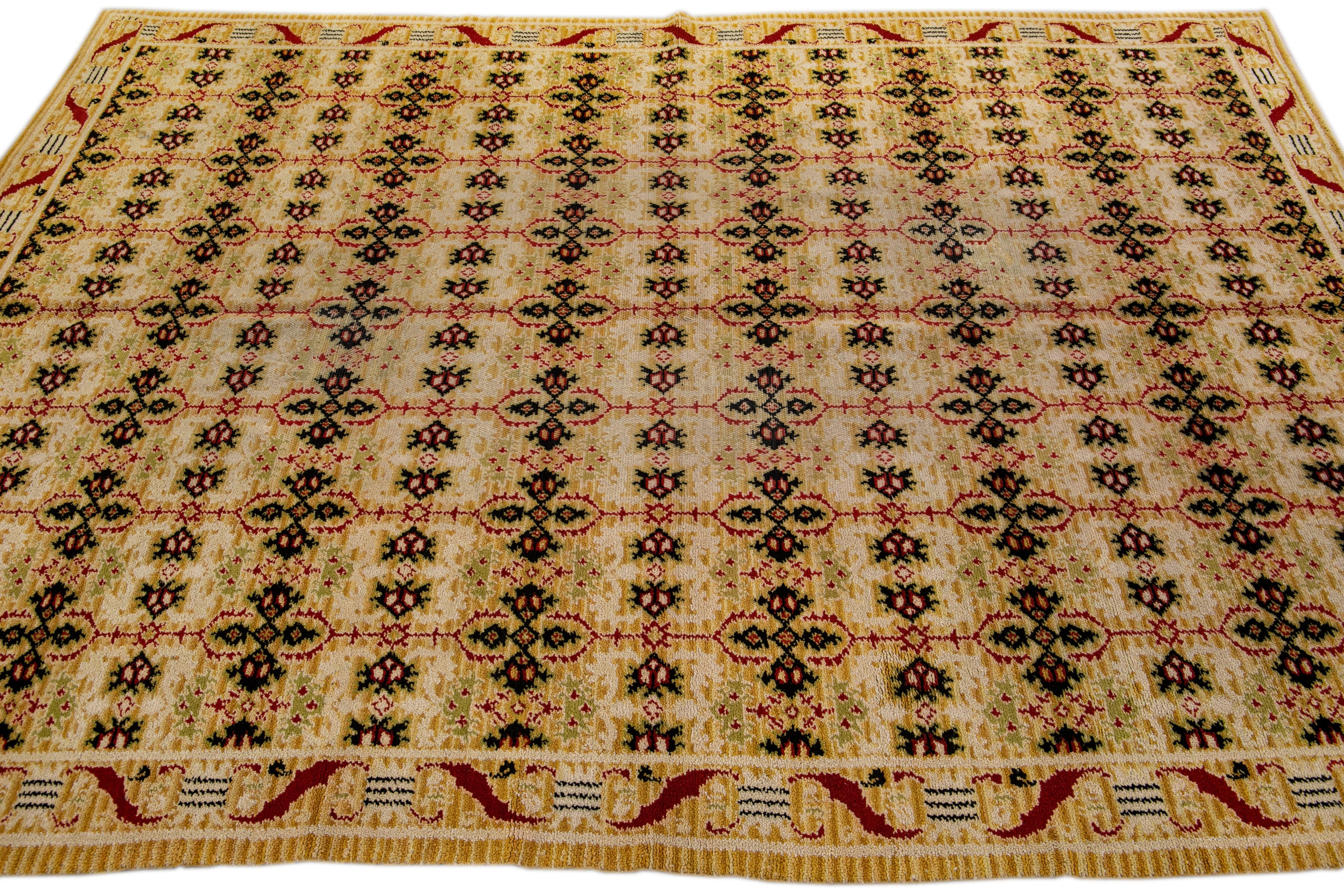 Hand-Knotted Vintage Spanish Handmade Geometric Beige Wool Rug For Sale