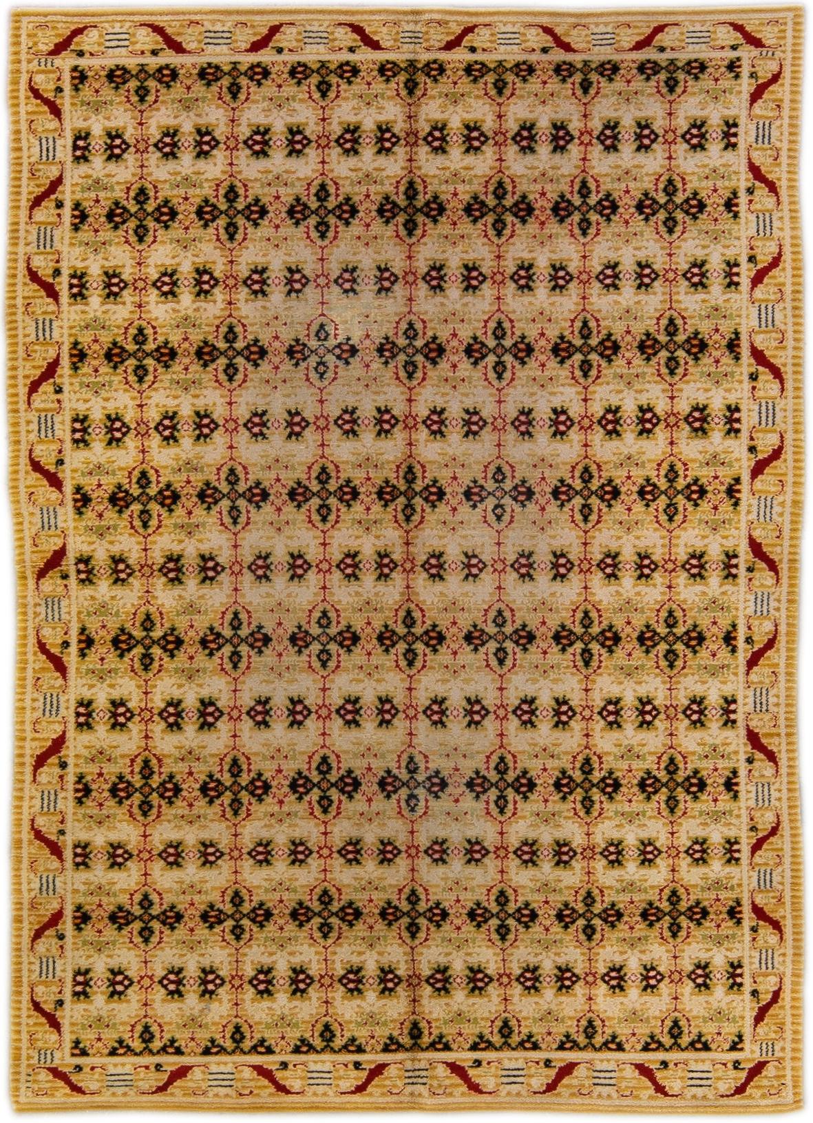 Alfombra geométrica española vintage de lana beige hecha a mano