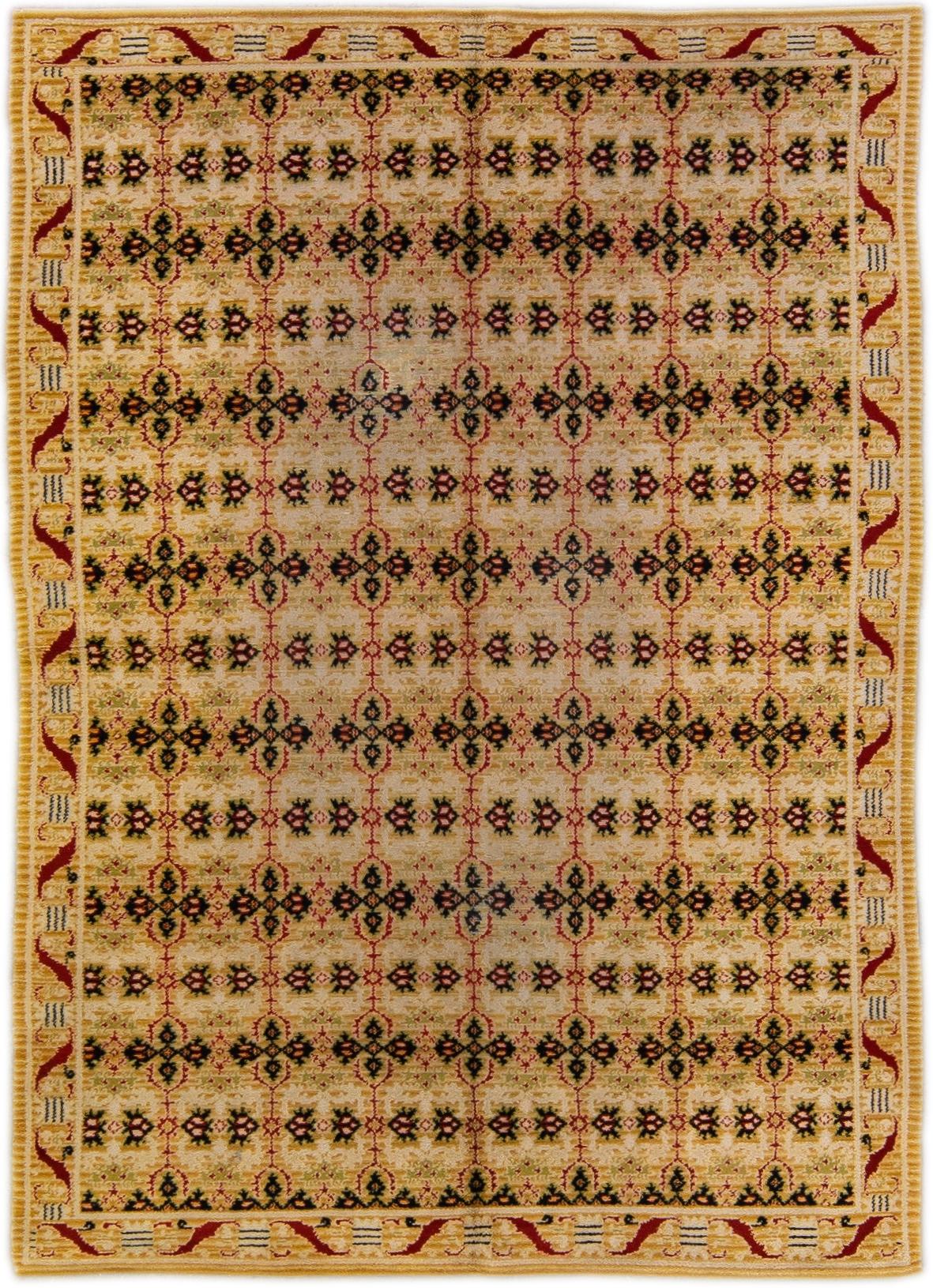 Vintage Spanish Handmade Geometric Beige Wool Rug For Sale