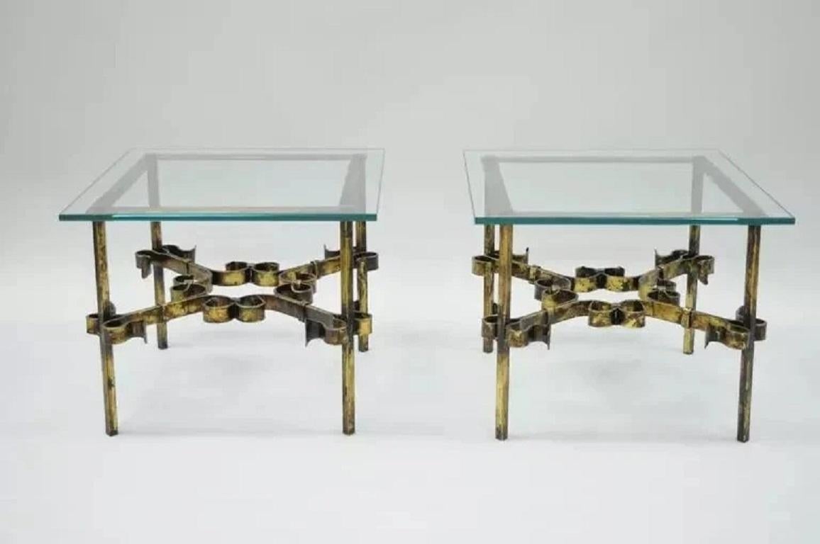 Vintage Spanish Hollywood Regency Gold Gilt Iron Square Glass End Tables - a Pair. Item features .5