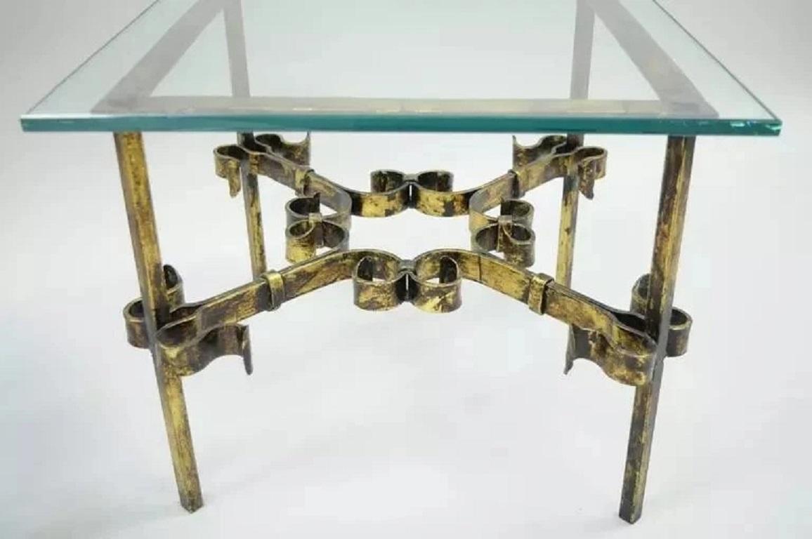 Unknown Vintage Spanish Hollywood Regency Gold Gilt Iron Square Glass End Tables - Pair For Sale
