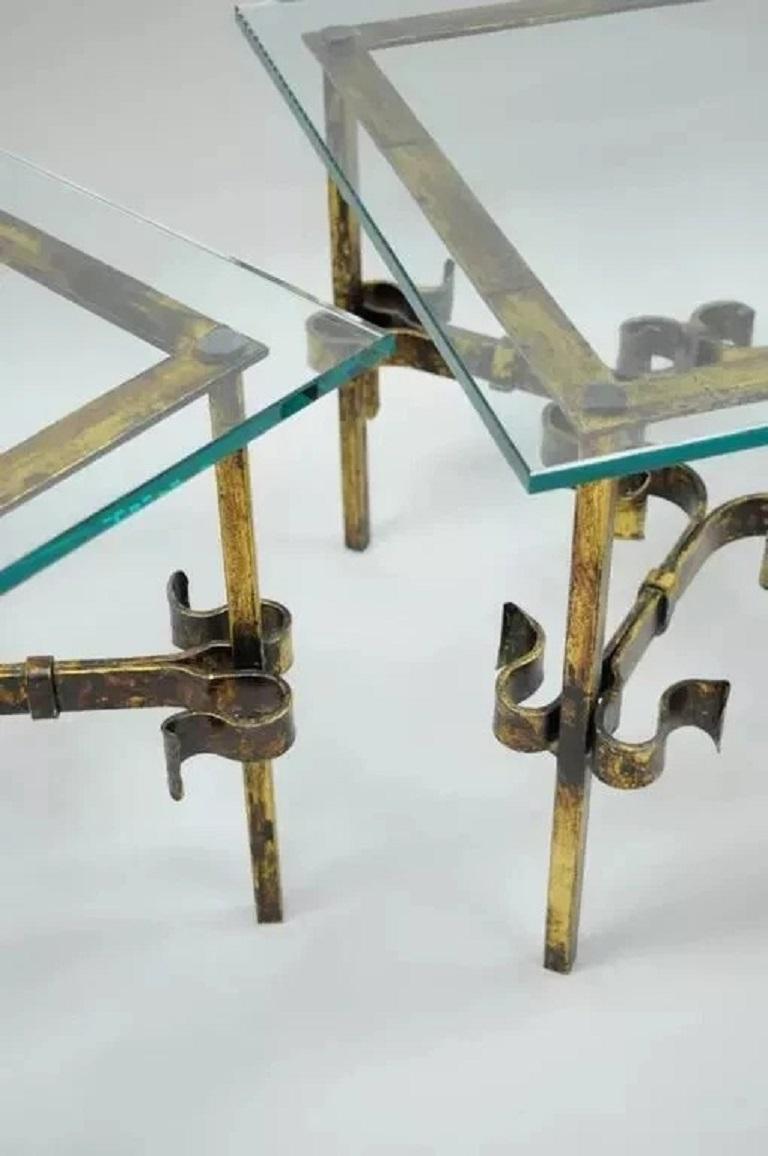20th Century Vintage Spanish Hollywood Regency Gold Gilt Iron Square Glass End Tables - Pair For Sale