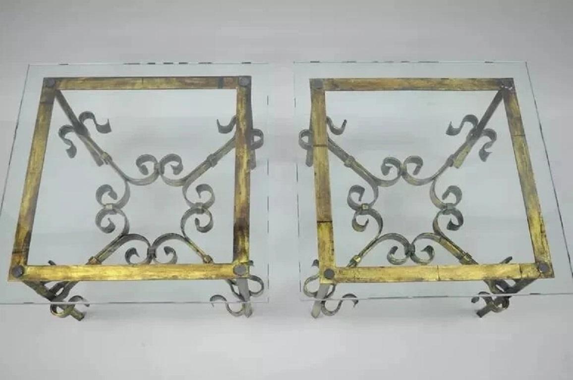Vintage Spanish Hollywood Regency Gold Gilt Iron Square Glass End Tables - Pair For Sale 1