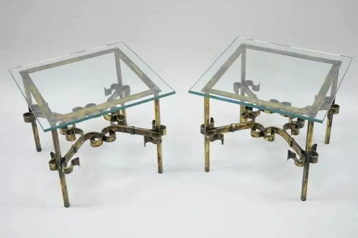 Vintage Spanish Hollywood Regency Gold Gilt Iron Square Glass End Tables - Pair For Sale 2
