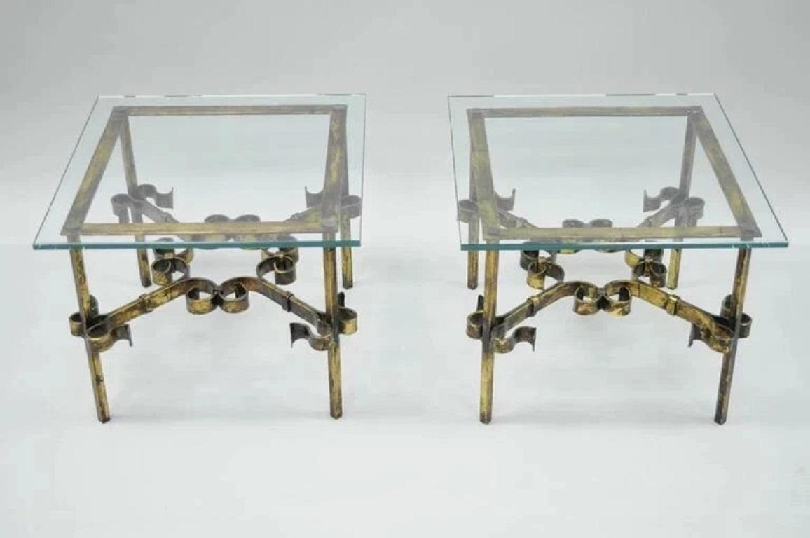 Vintage Spanish Hollywood Regency Gold Gilt Iron Square Glass End Tables - Pair For Sale 3