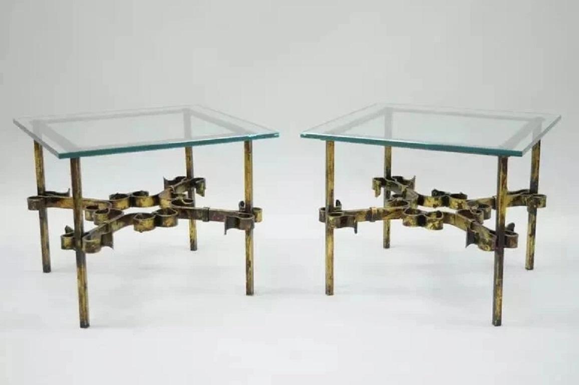 Vintage Spanish Hollywood Regency Gold Gilt Iron Square Glass End Tables - Pair For Sale 4