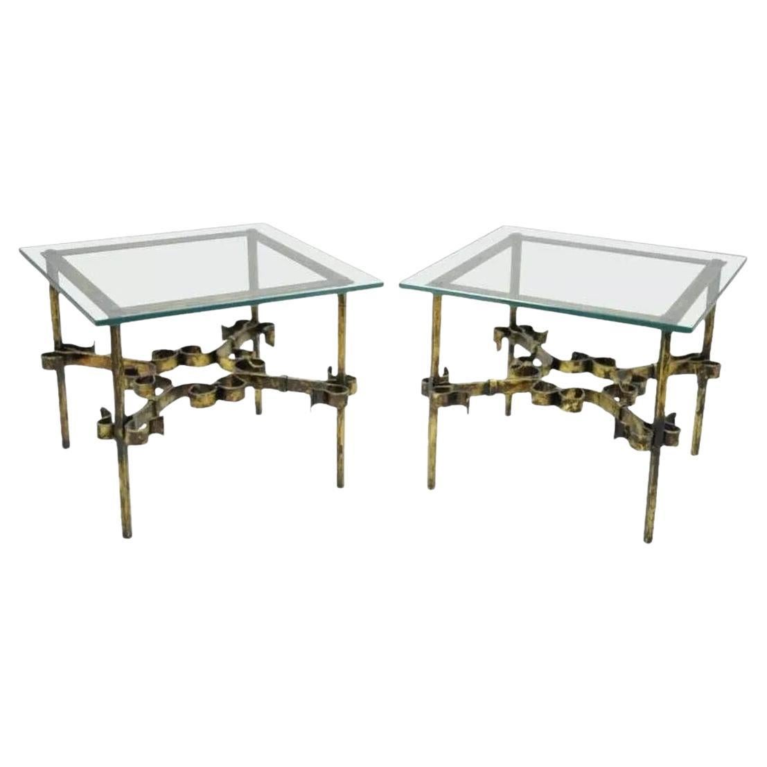 Vintage Spanish Hollywood Regency Gold Gilt Iron Square Glass End Tables - Pair For Sale