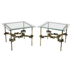 Vintage Spanish Hollywood Regency Gold Gilt Iron Square Glass End Tables - Pair