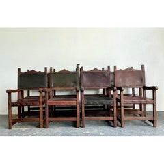 Vintage Spanish Leather and Wood Armchairs - Set of 6
