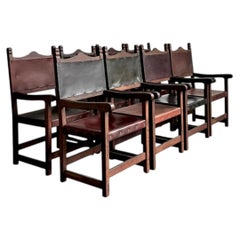 Vintage Spanish Leather and Wood Armchairs - Set of 6