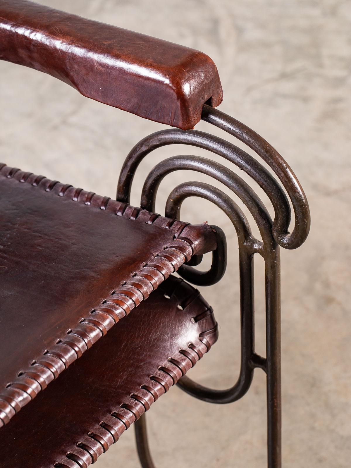 Forged Vintage Spanish Leather Iron Chair, circa 1950 For Sale