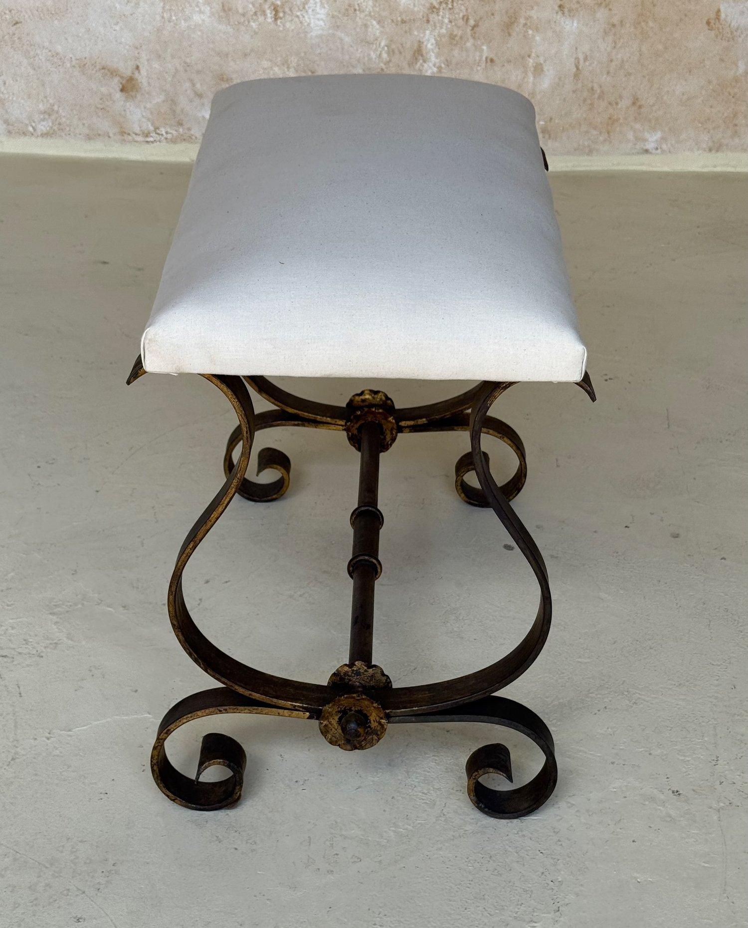 Vintage Spanish Mid Century Gilt Iron Bench with Scrolled Base For Sale 5