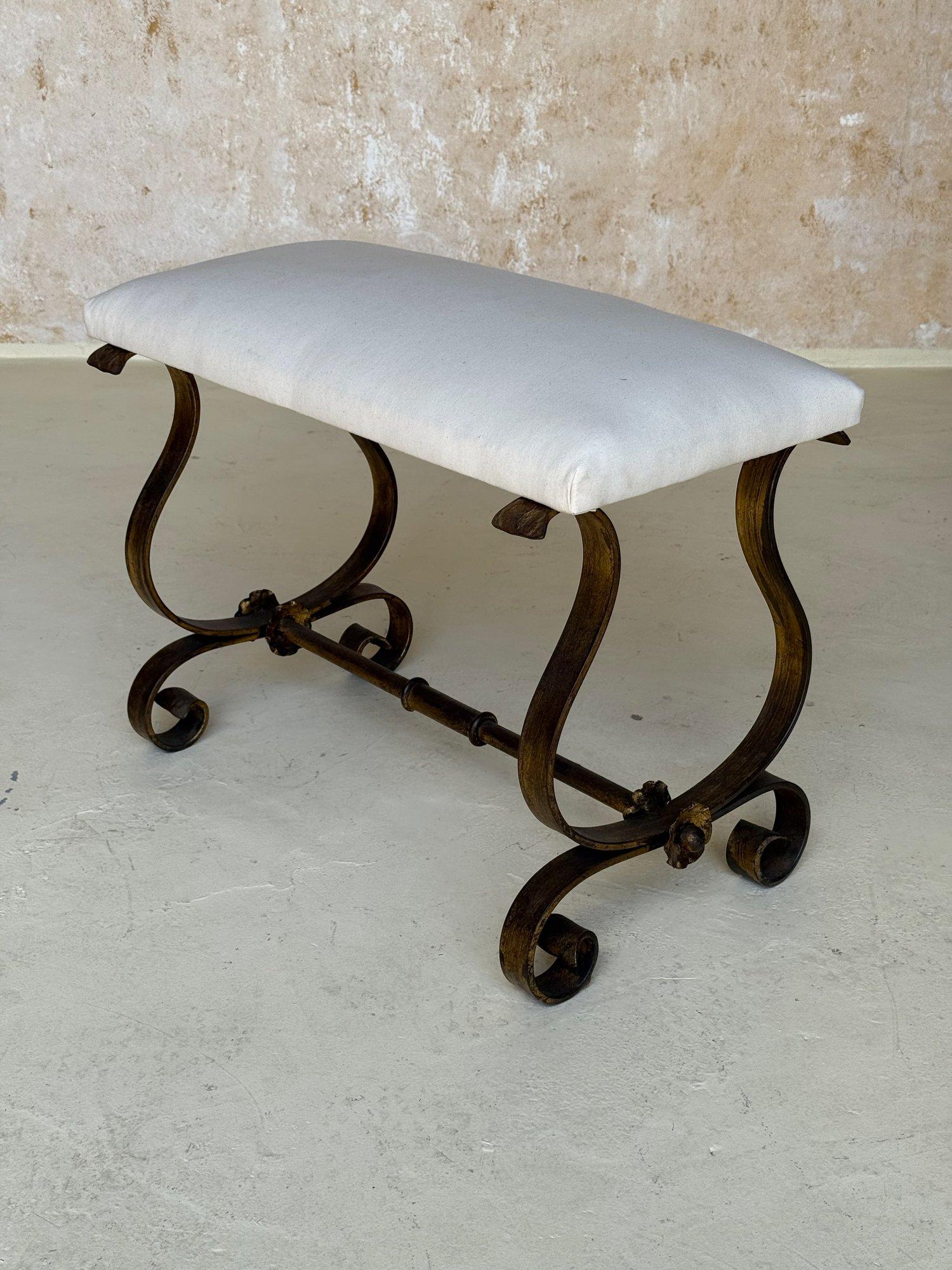 Vintage Spanish Mid Century Gilt Iron Bench with Scrolled Base For Sale 6