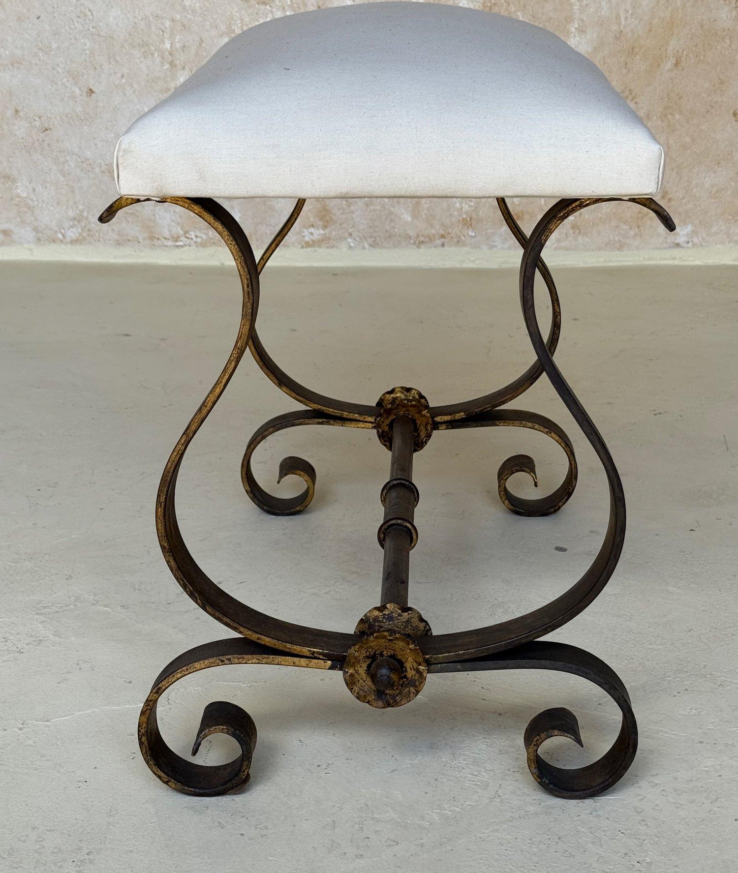 Vintage Spanish Mid Century Gilt Iron Bench with Scrolled Base For Sale 7