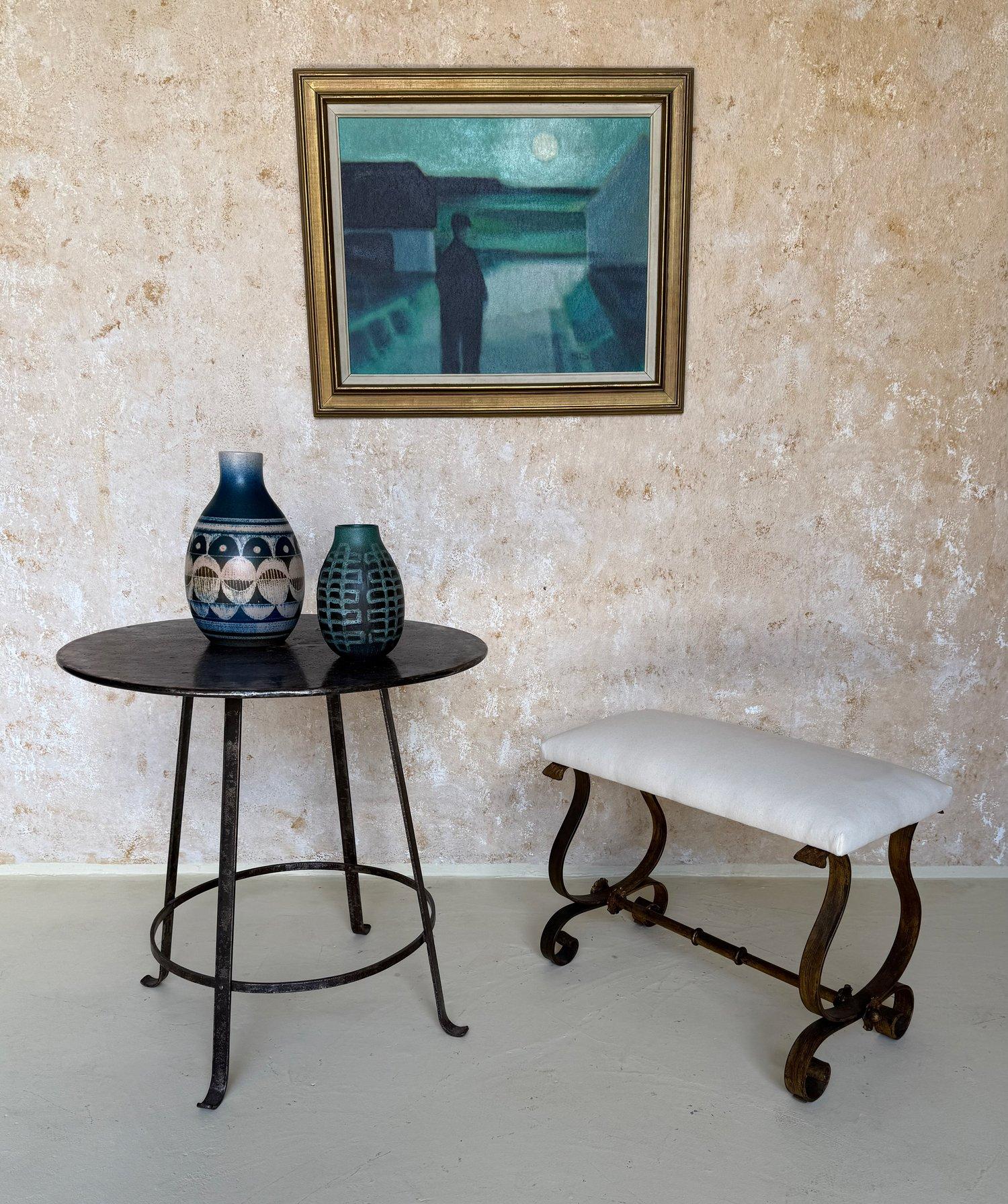 Mid-Century Modern Vintage Spanish Mid Century Gilt Iron Bench with Scrolled Base For Sale