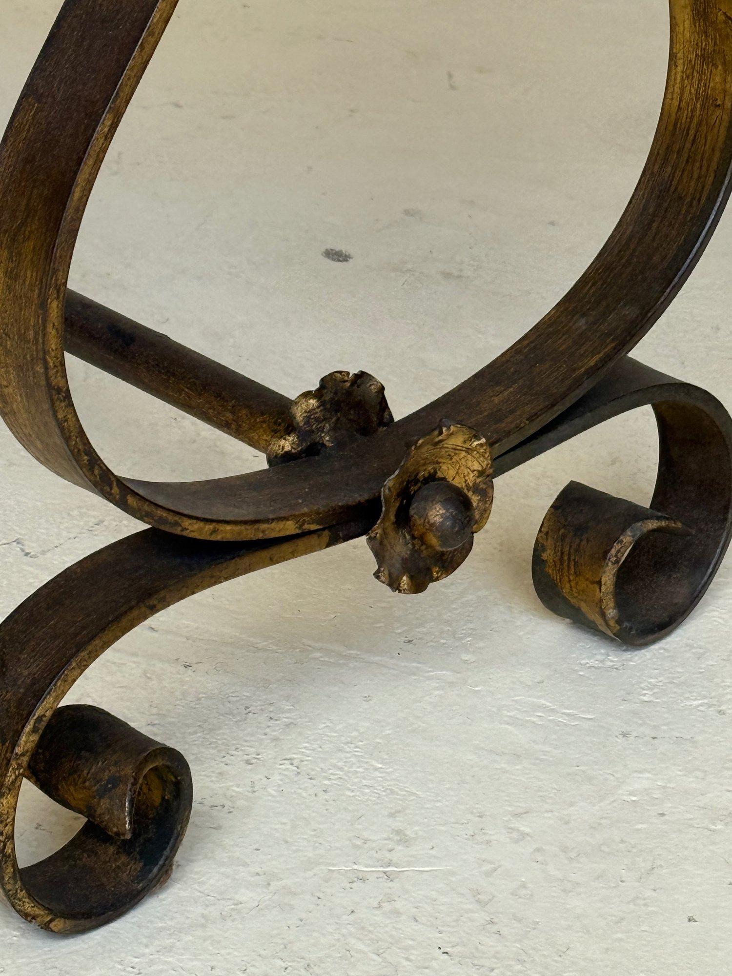 Mid-20th Century Vintage Spanish Mid Century Gilt Iron Bench with Scrolled Base For Sale