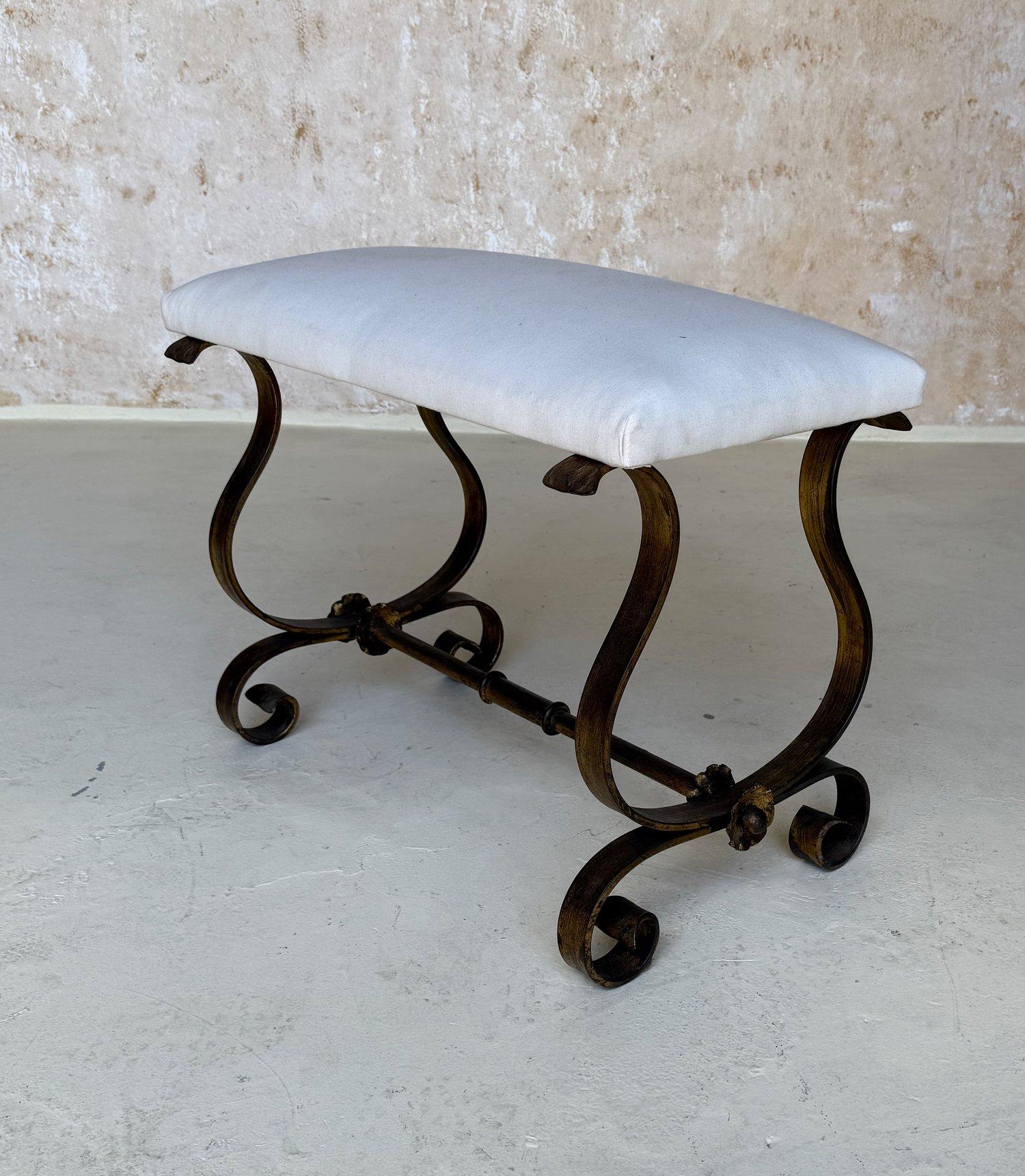 Vintage Spanish Mid Century Gilt Iron Bench with Scrolled Base For Sale 1