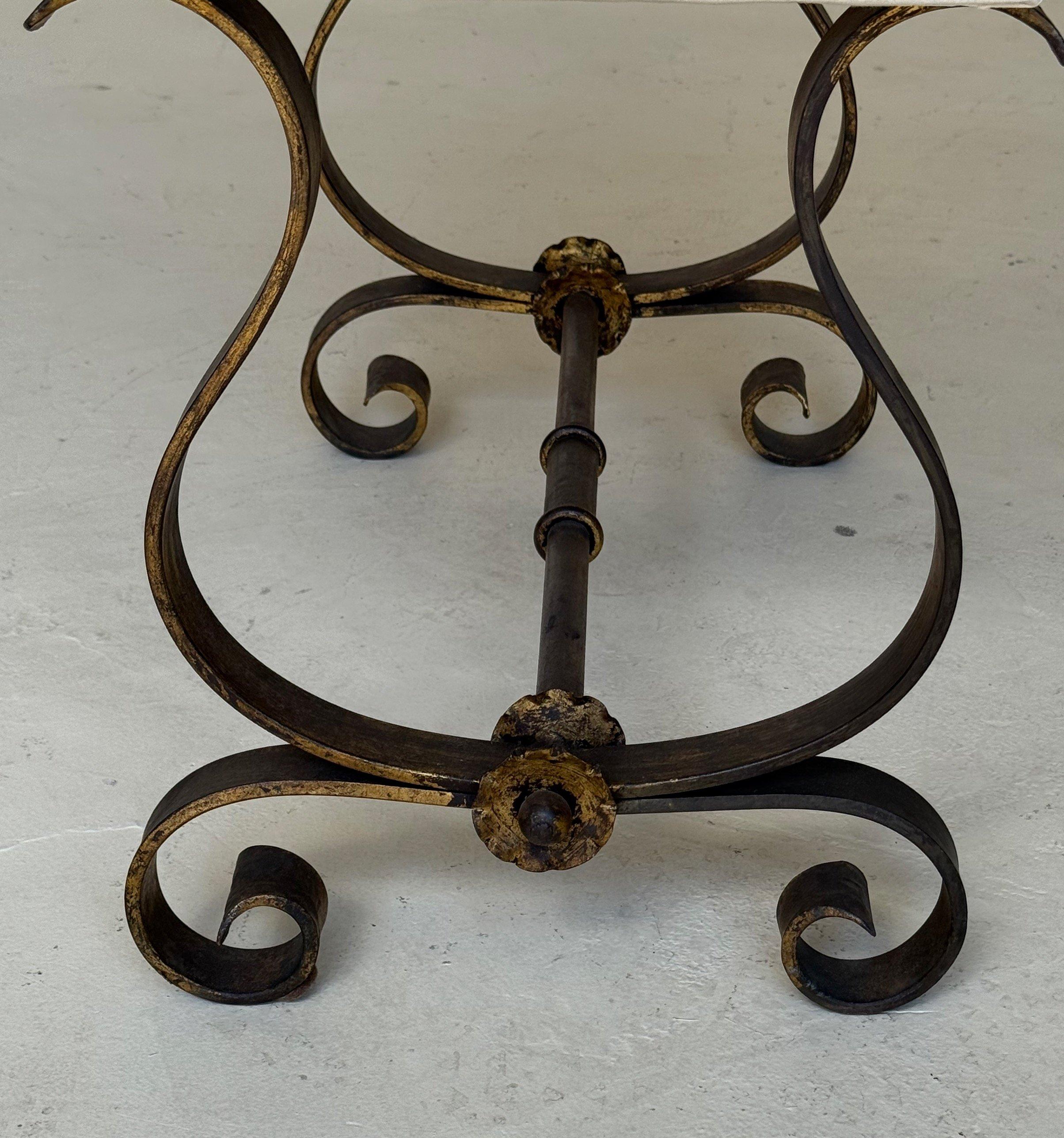 Vintage Spanish Mid Century Gilt Iron Bench with Scrolled Base For Sale 2