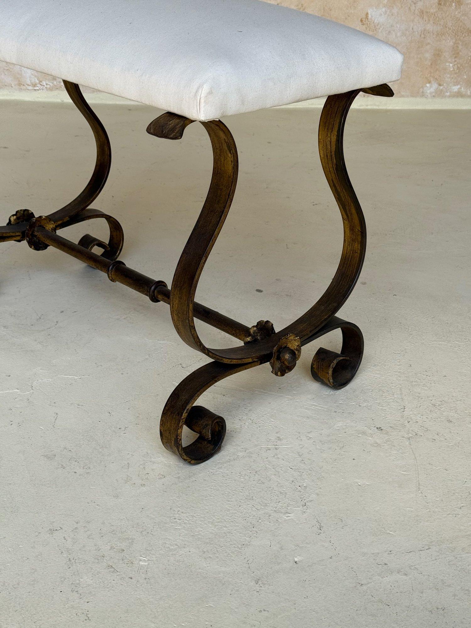 Vintage Spanish Mid Century Gilt Iron Bench with Scrolled Base For Sale 4
