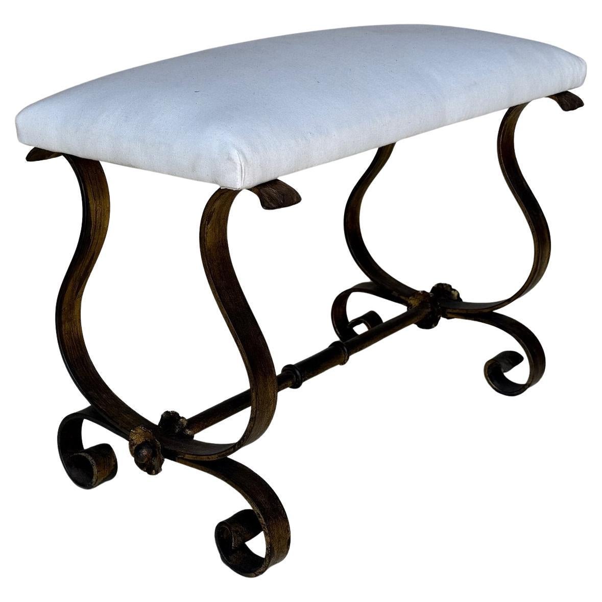 Vintage Spanish Mid Century Gilt Iron Bench with Scrolled Base