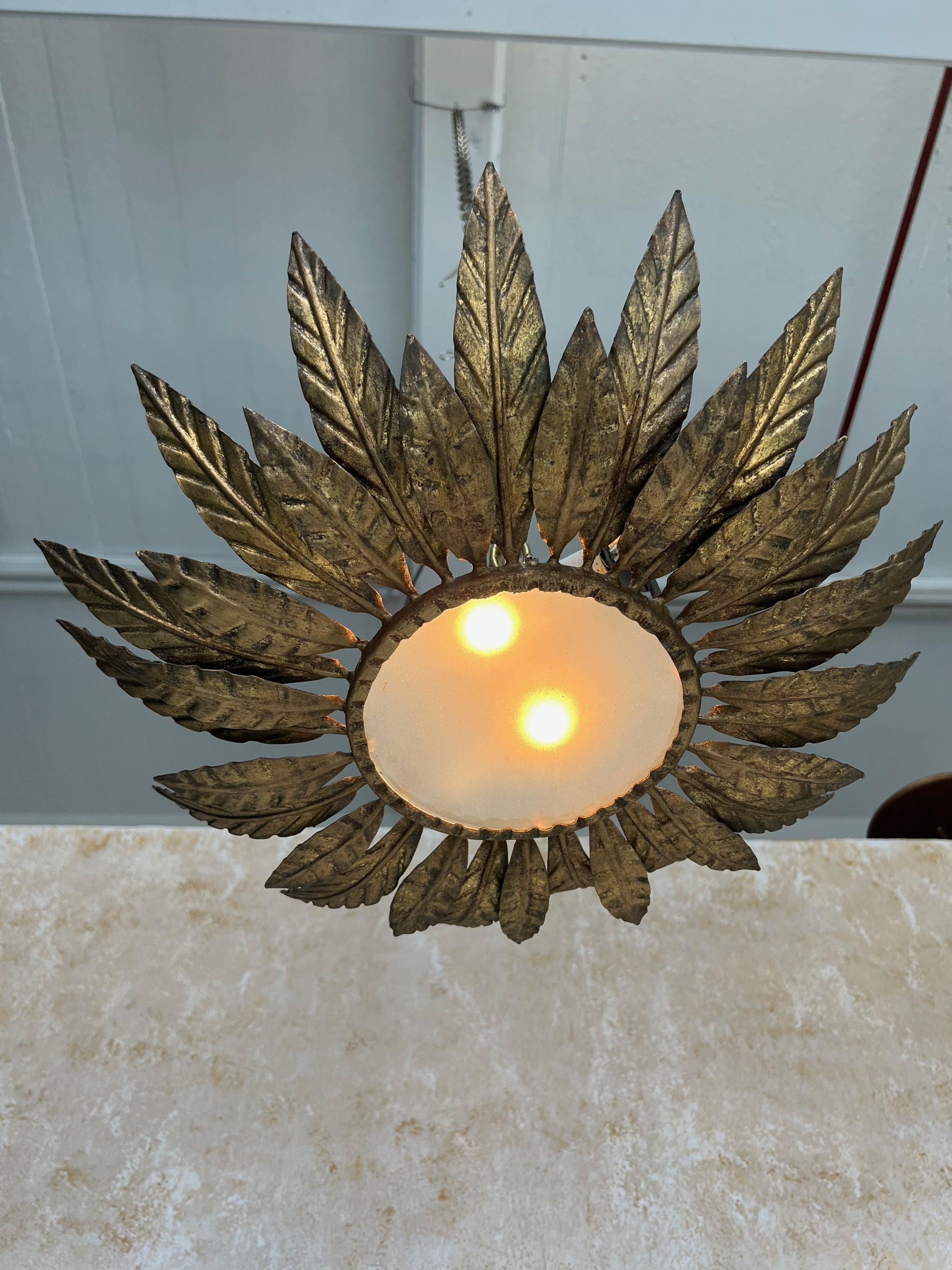 Vintage Spanish Mid-Century Gilt Metal Ceiling Fixture 7